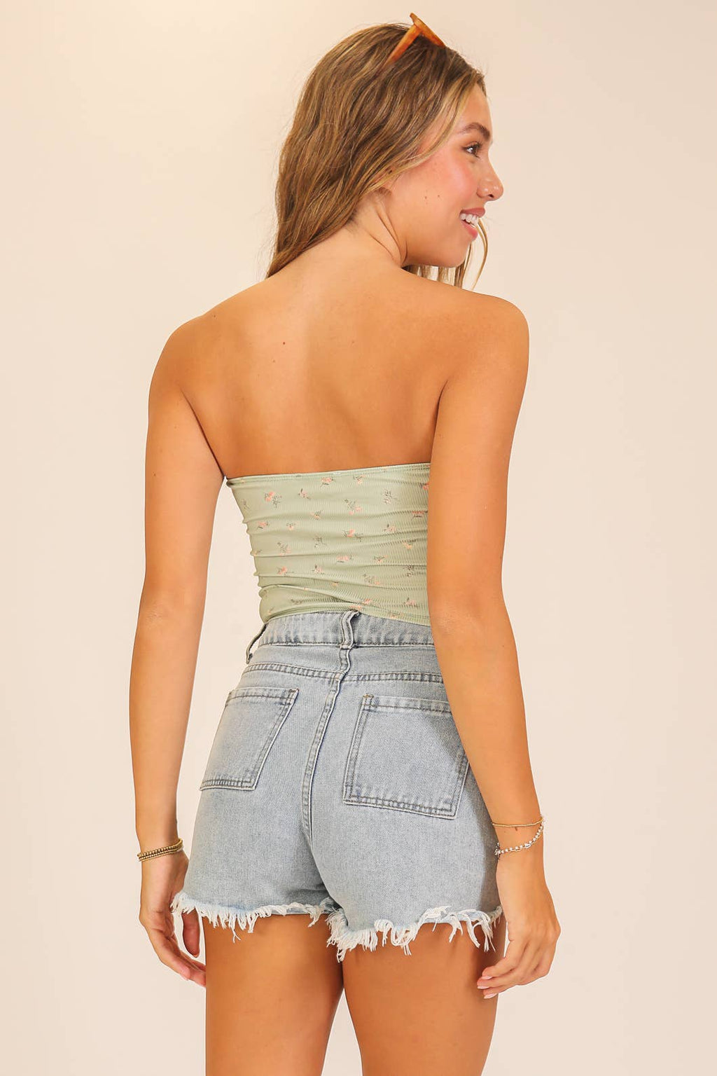 Floral Ribbed Handkerchief Tube Top: Sage / L