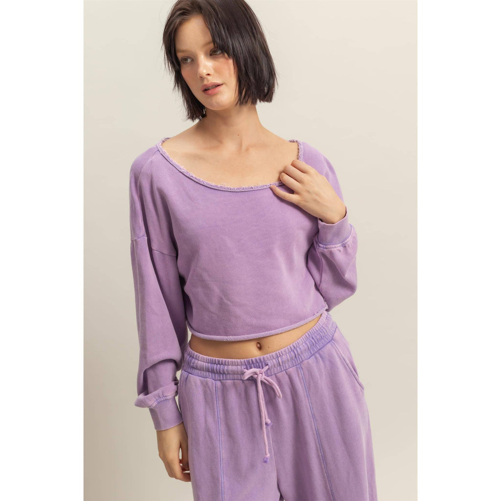 Frayed Detail Long Sleeve Crop Top: SAGE GREEN / S-M-L(2-2-2)