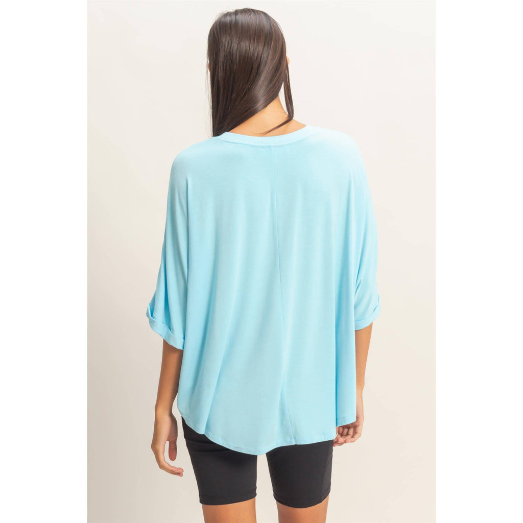 Relaxed High-Low Batwing Sleeve Top: BLUE / S-M-L(2-2-2)