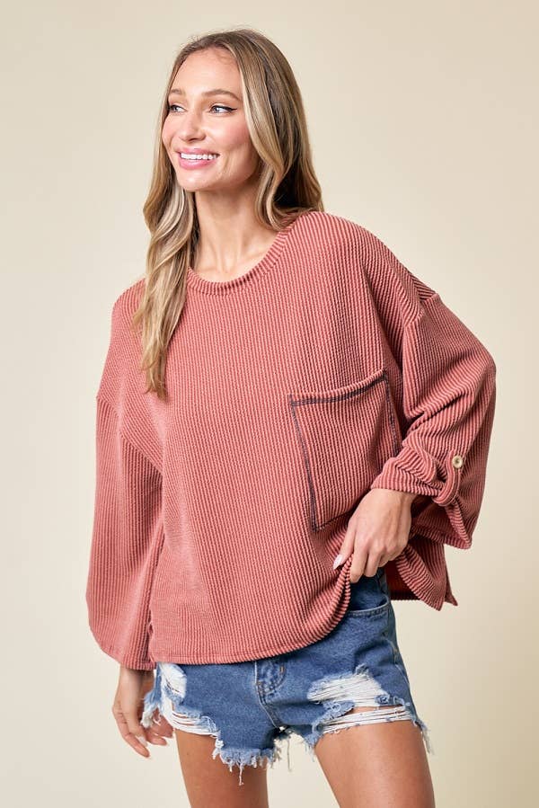 LMT4101-Celine Long Sleeve Top: LIGHT BLUE /