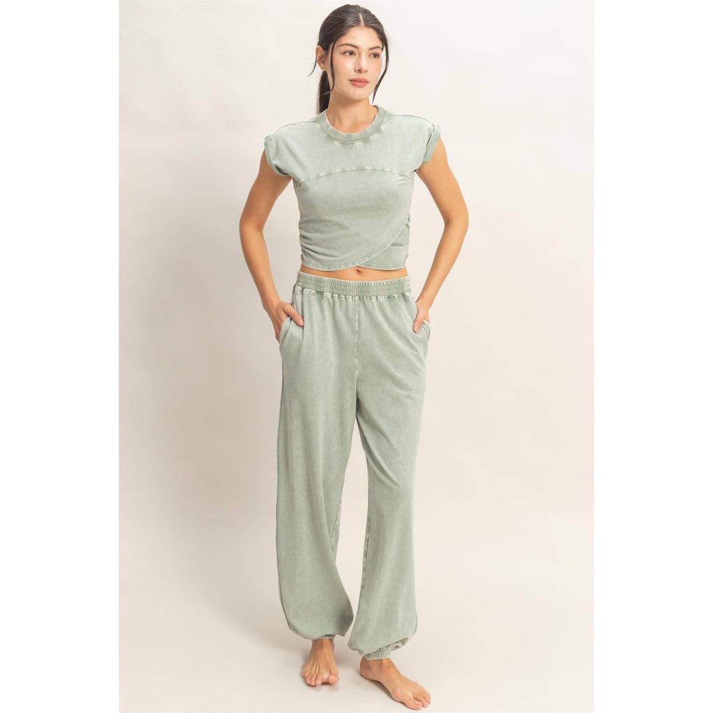 Rolled Sleeve Wrap-Front Crop Top And Jogger Set: SAGE GREEN / S-M-L(2-2-2)