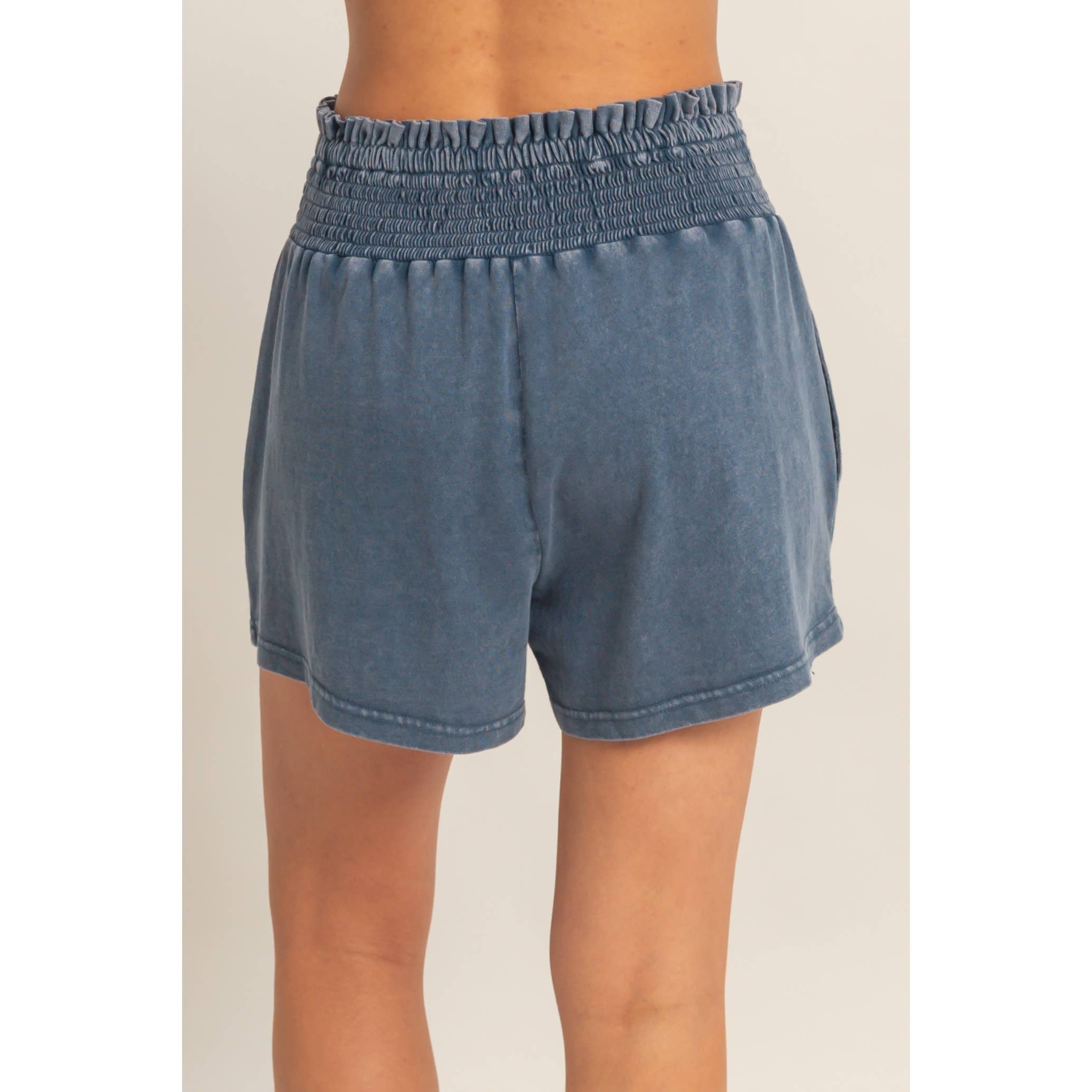 Smocked Waist Mineral Wash Shorts: FUCHSIA / S-M-L(2-2-2)