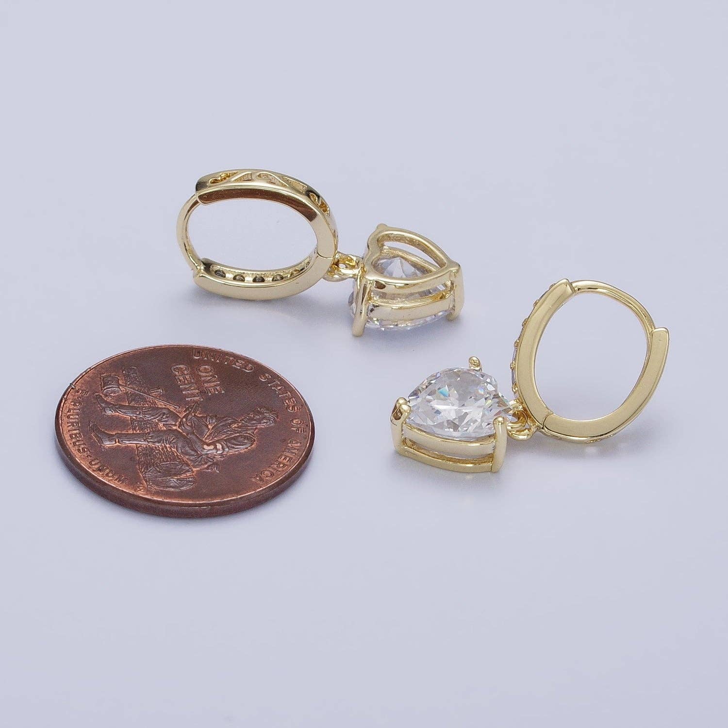 14K Gold Filled Clear CZ Heart Drop Oblong Hoop Earrings