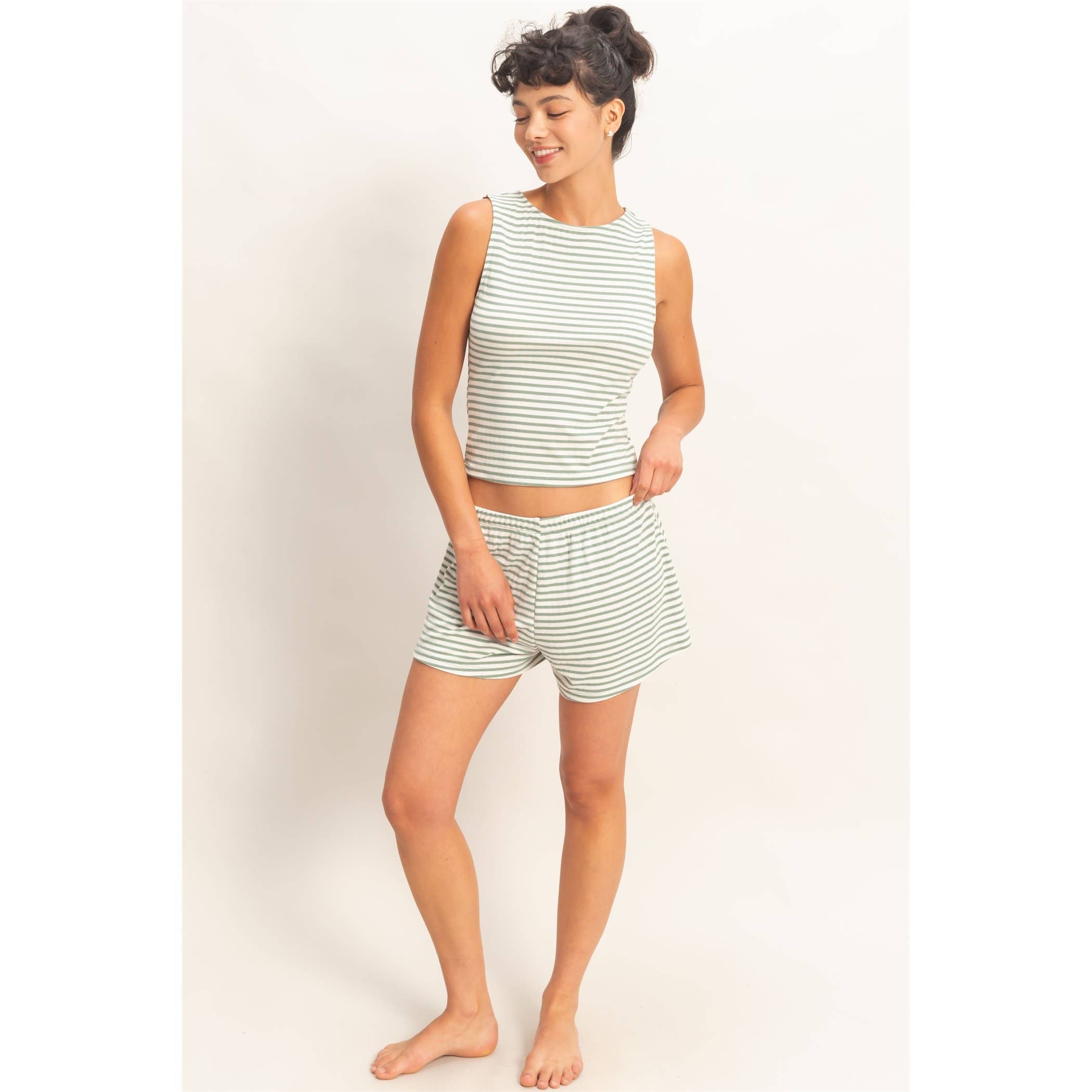 Striped Sleeveless Tank And Shorts Set: BLACK / S-M-L(2-2-2)