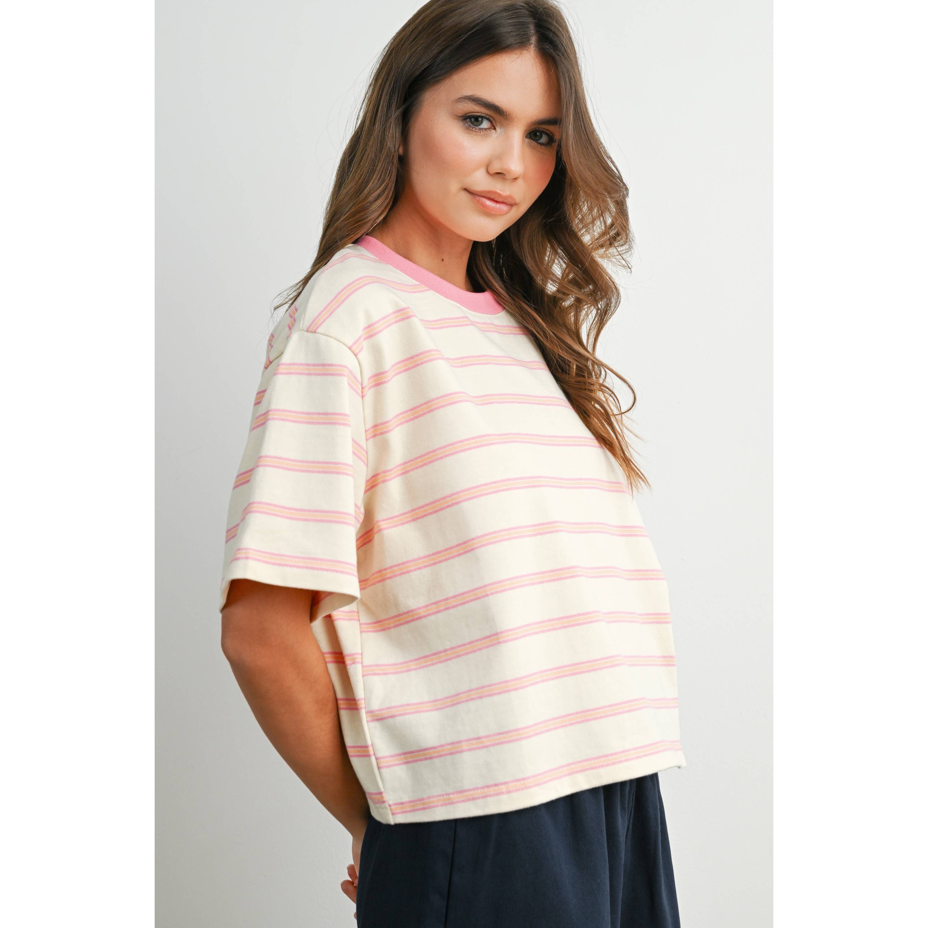 Striped Boxy Cropped T-Shirt - BMT8347: GREEN / PINK / L