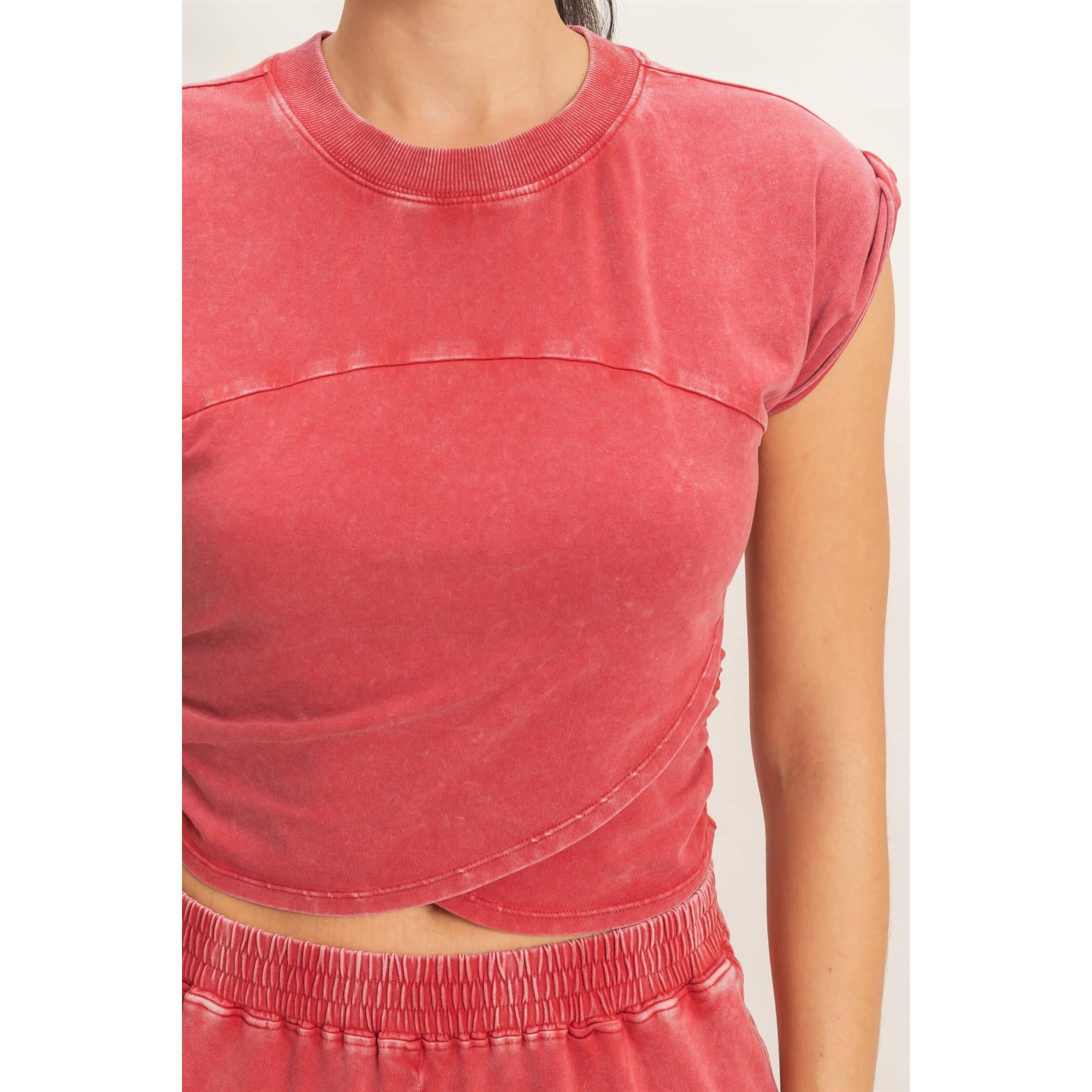 Rolled Sleeve Wrap-Front Crop Top And Jogger Set: SAGE GREEN / S-M-L(2-2-2)