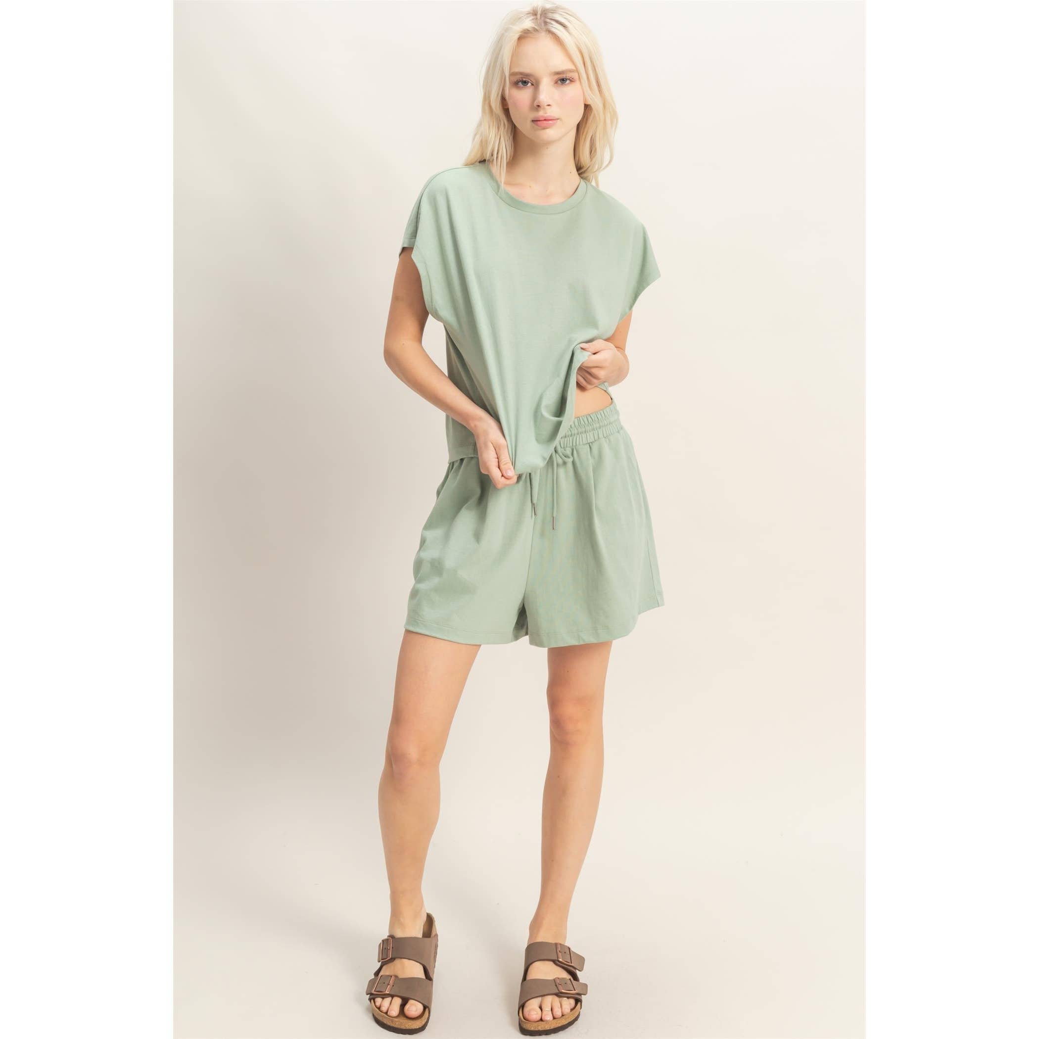 Cap Sleeve Boxy Top And Shorts Set: SAGE GREEN / S-M-L(2-2-2)