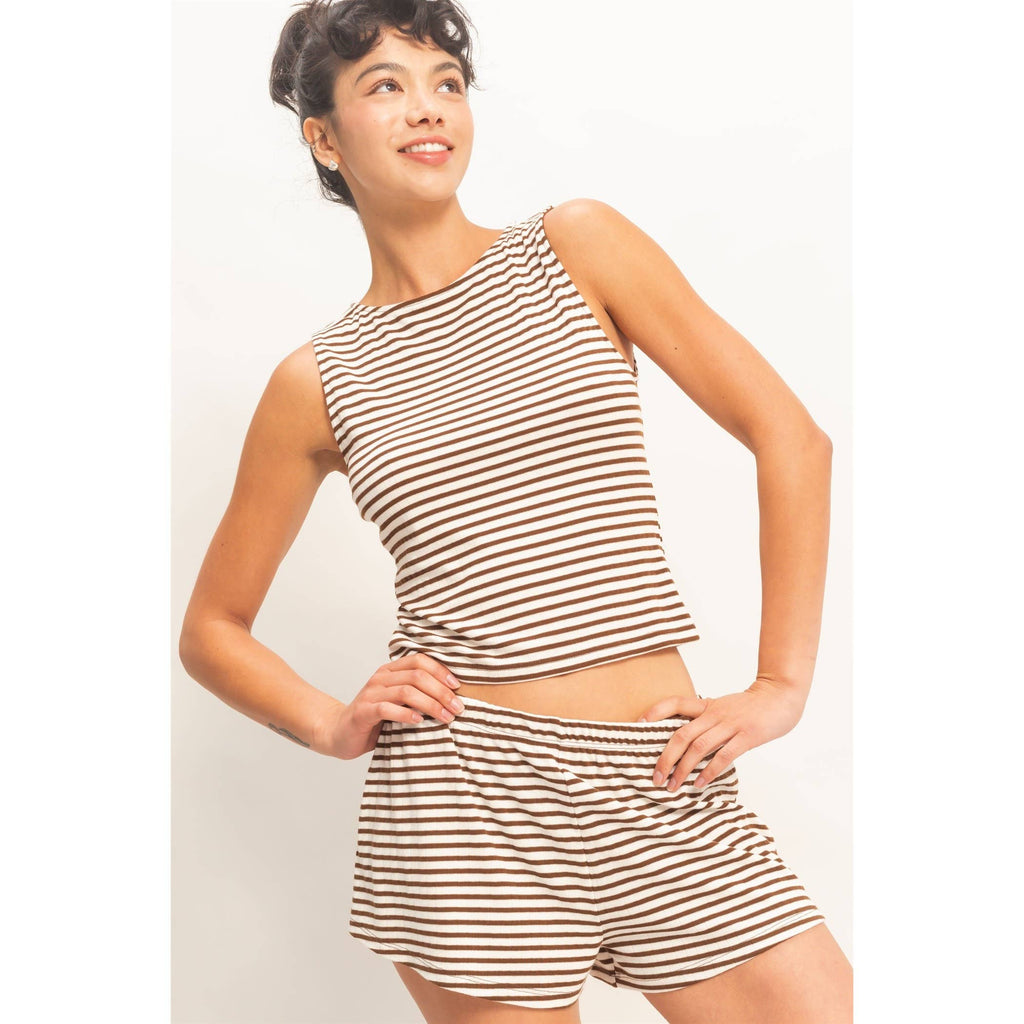 Striped Sleeveless Tank And Shorts Set: BLACK / S-M-L(2-2-2)