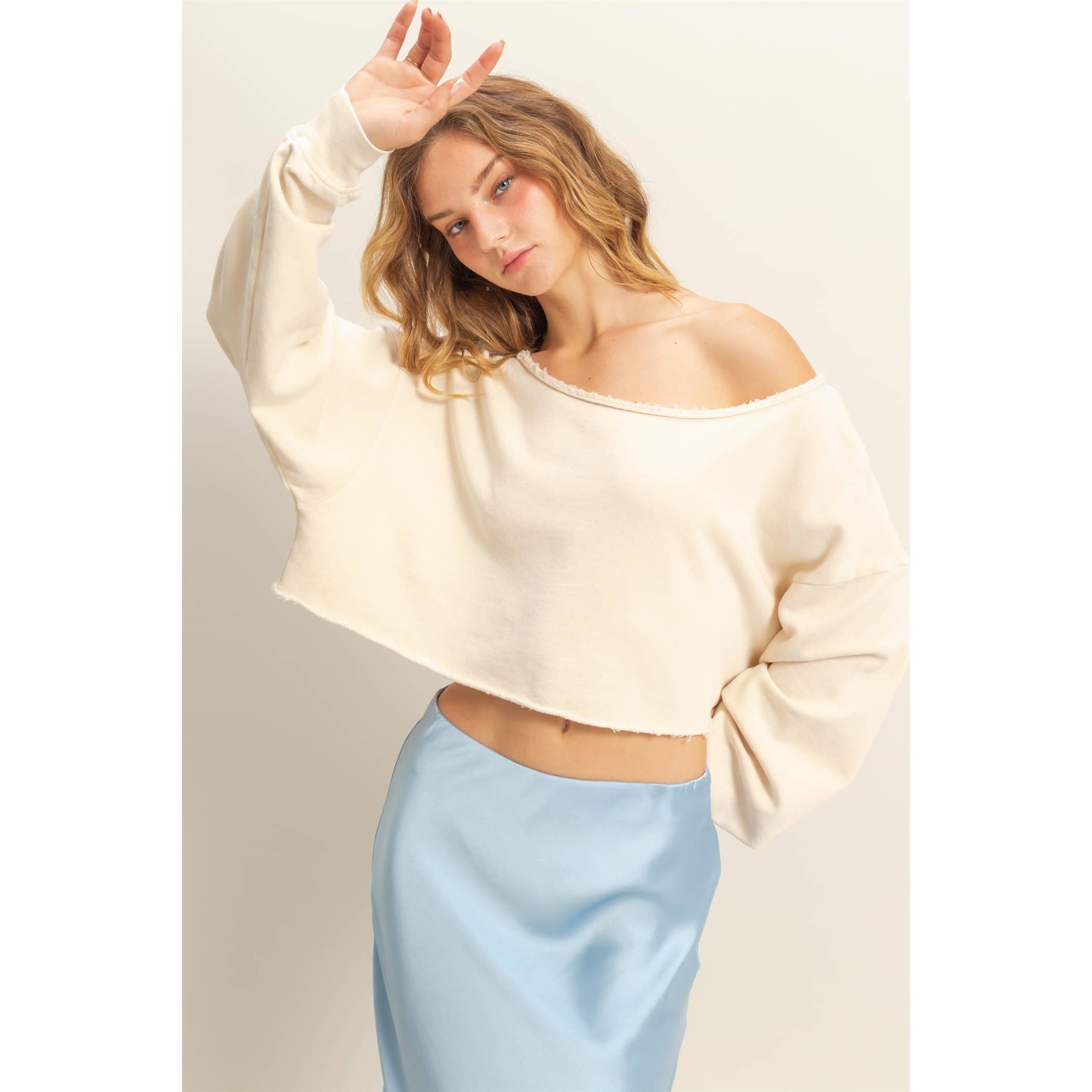 Frayed Detail Long Sleeve Crop Top: SAGE GREEN / S-M-L(2-2-2)