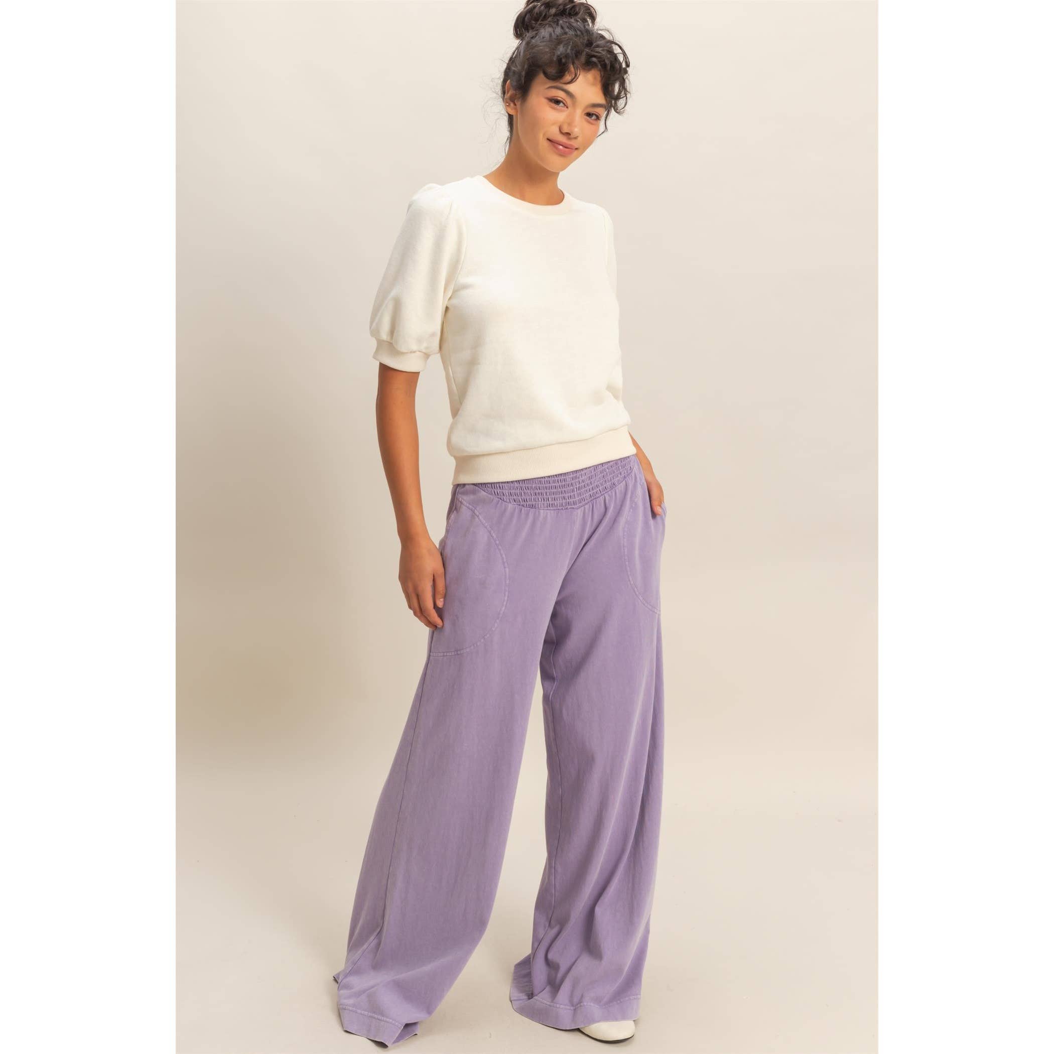 Mineral Washed Wide-Leg Smocked Waist Pants: SOFT PINK / S-M-L(2-2-2)