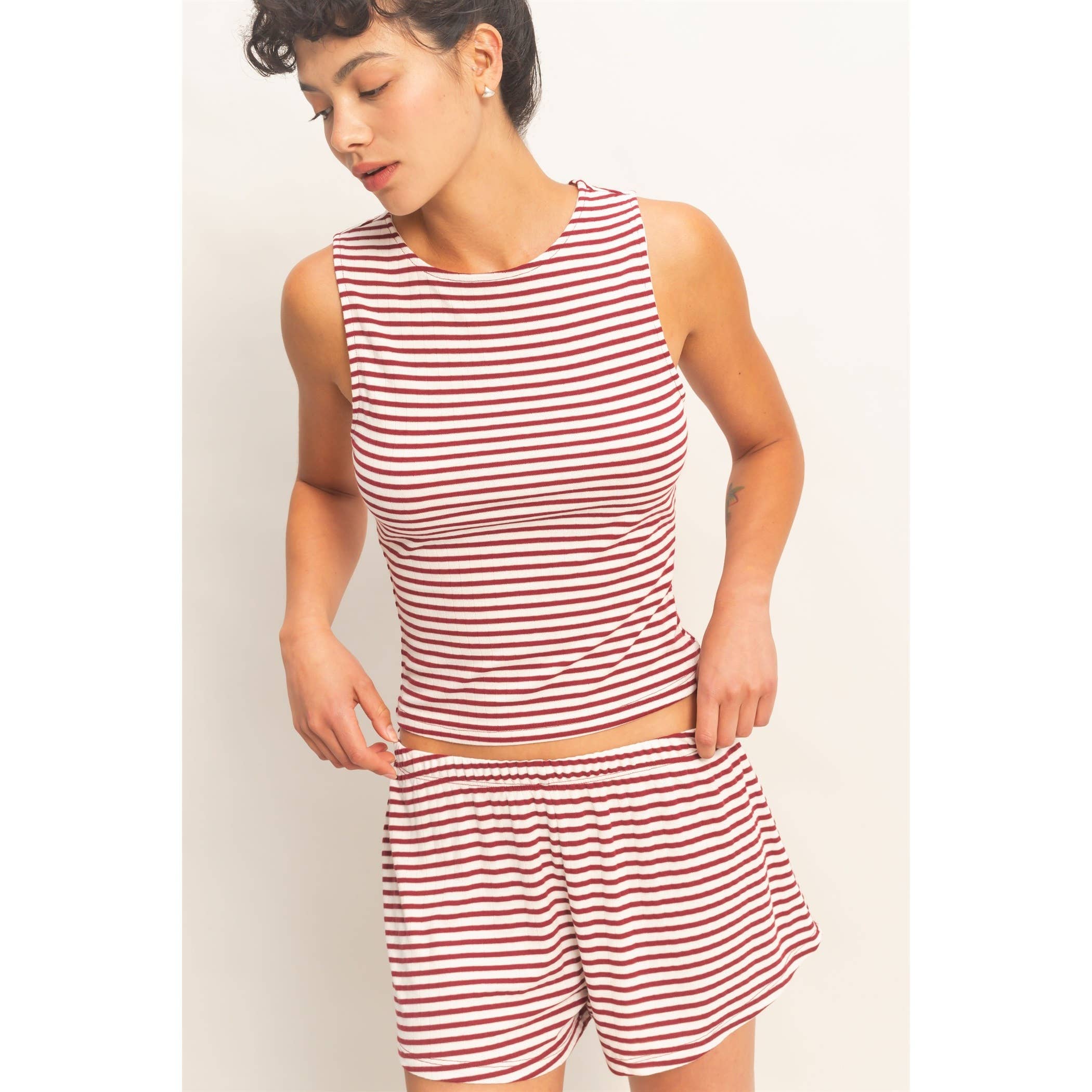 Striped Sleeveless Tank And Shorts Set: BLACK / S-M-L(2-2-2)