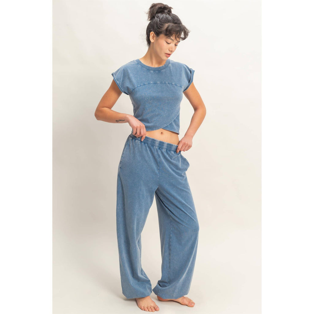 Rolled Sleeve Wrap-Front Crop Top And Jogger Set: SAGE GREEN / S-M-L(2-2-2)