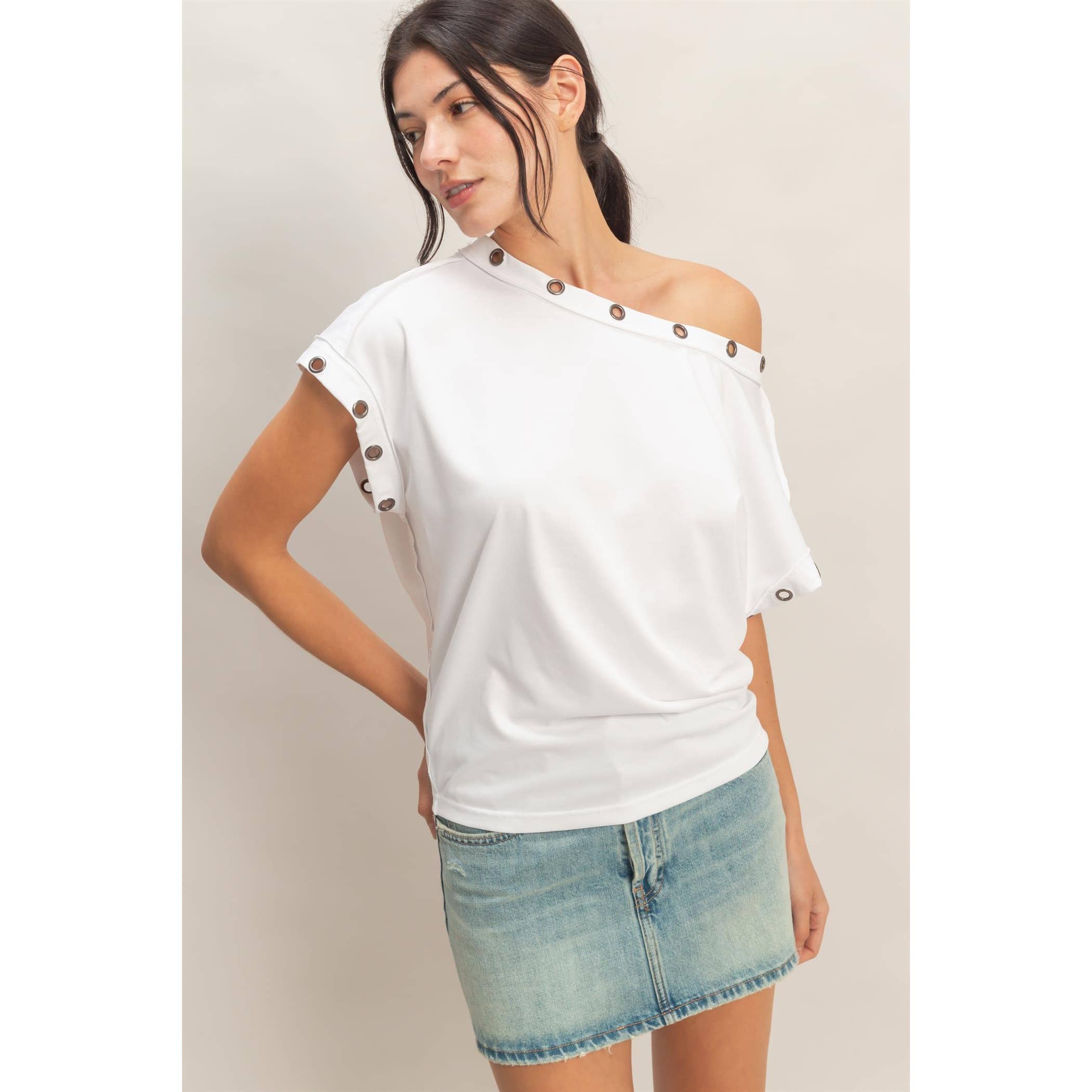 Off Shoulder Top With Eyelets: OFF WHITE