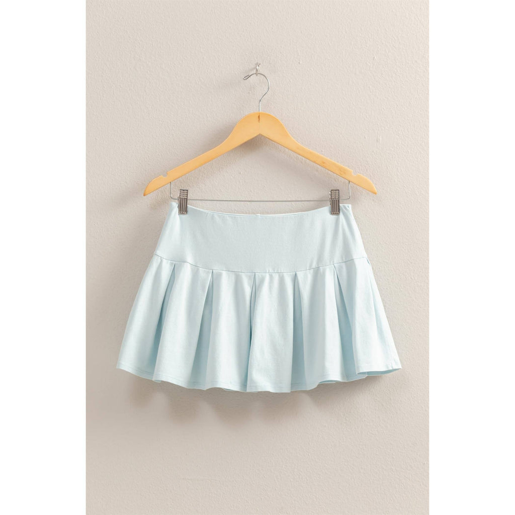 Mid Rise Pleated Mini Skort: DUSTY INDIGO / S-M-L(2-2-2)