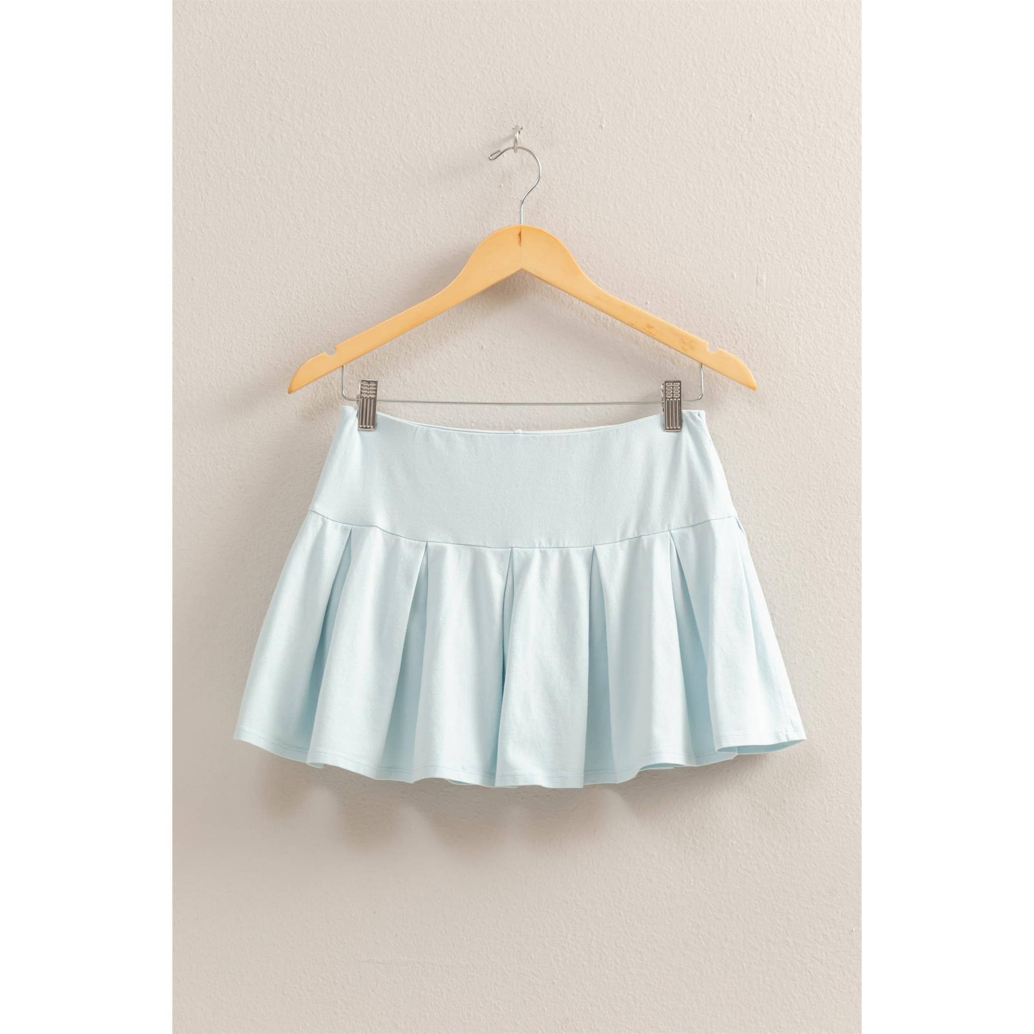 Mid Rise Pleated Mini Skort: DUSTY INDIGO / S-M-L(2-2-2)