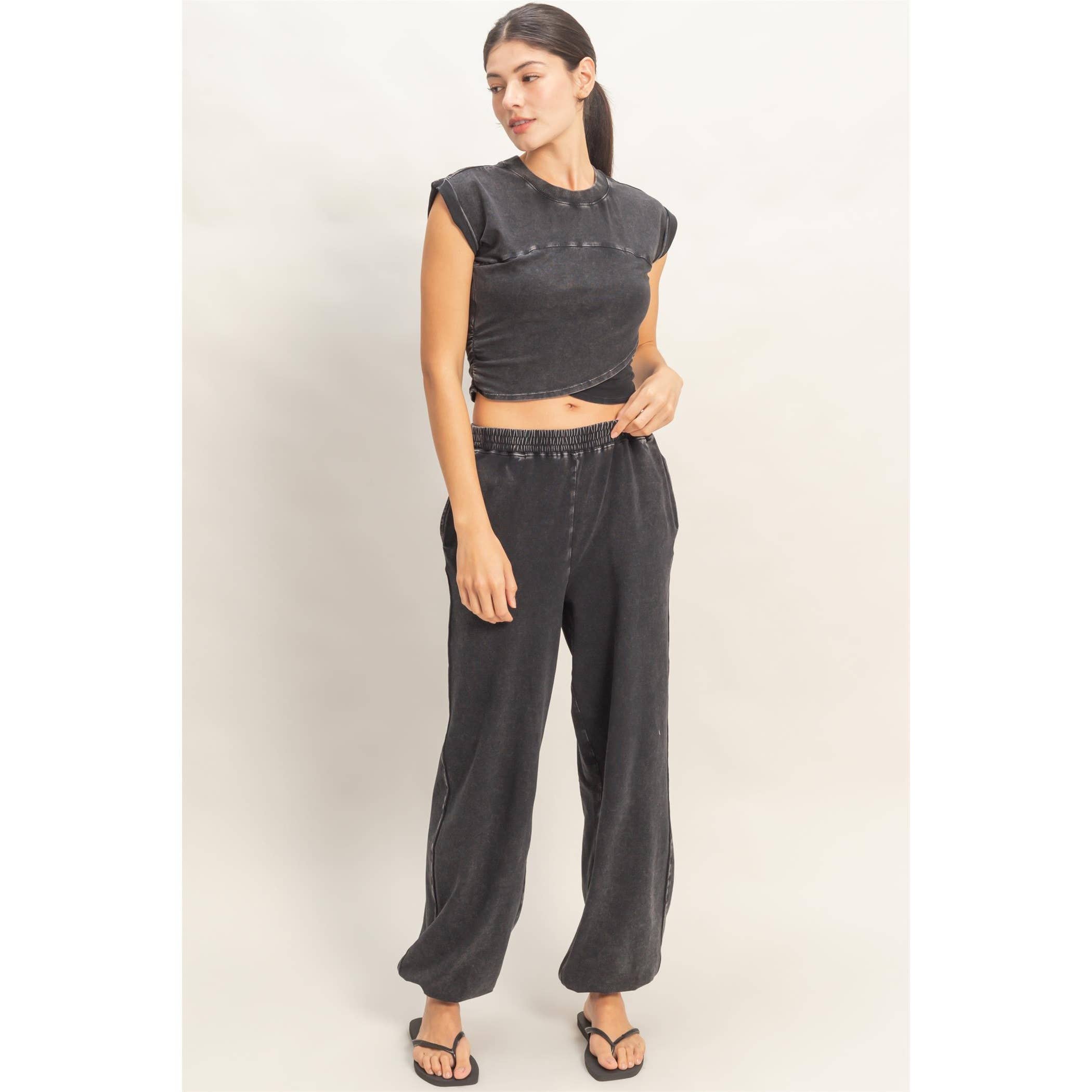 Rolled Sleeve Wrap-Front Crop Top And Jogger Set: SAGE GREEN / S-M-L(2-2-2)