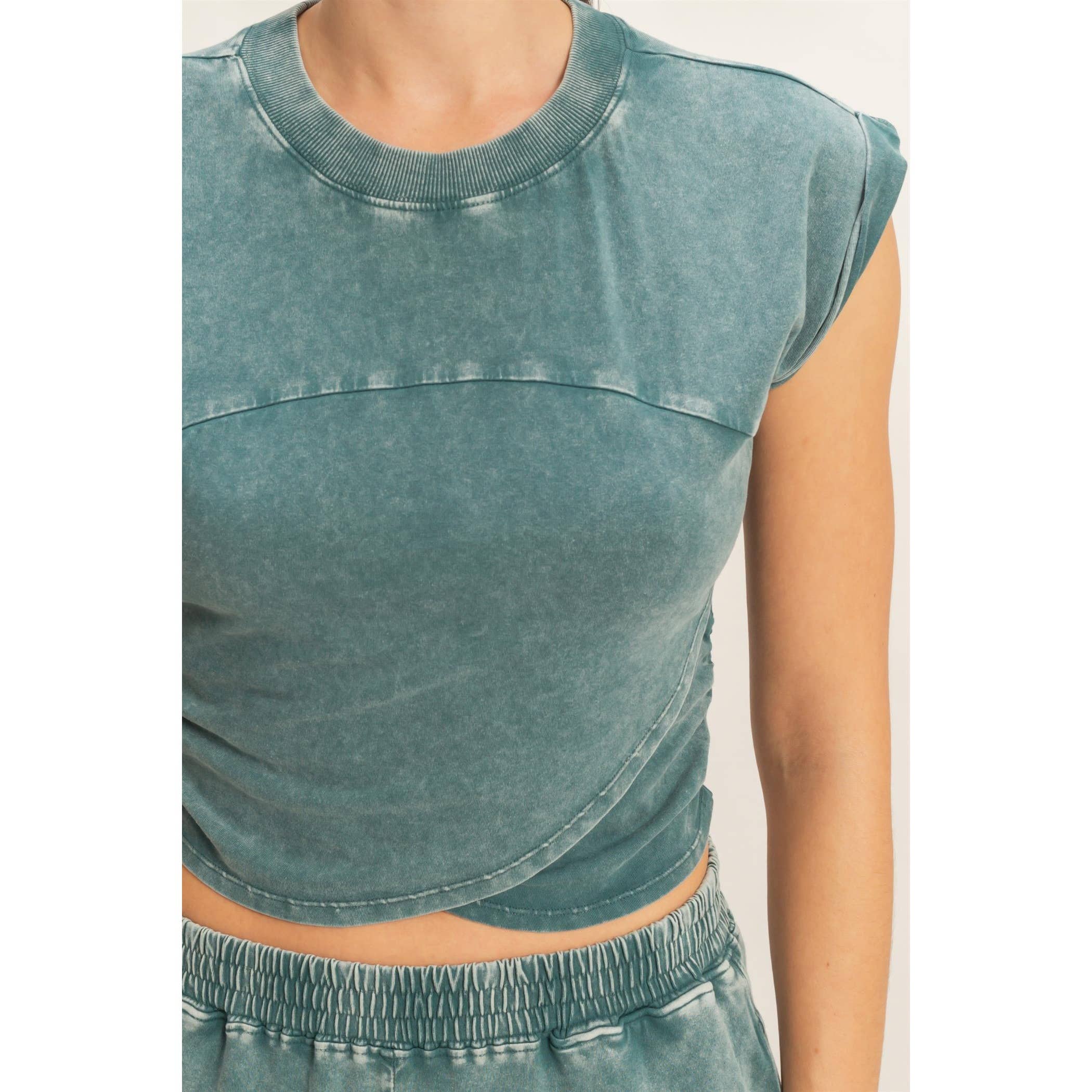 Rolled Sleeve Wrap-Front Crop Top And Jogger Set: SAGE GREEN / S-M-L(2-2-2)