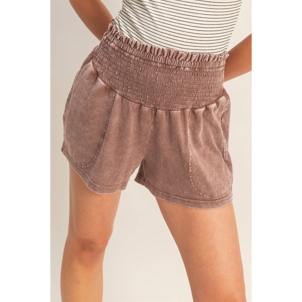 Smocked Waist Mineral Wash Shorts: FUCHSIA / S-M-L(2-2-2)