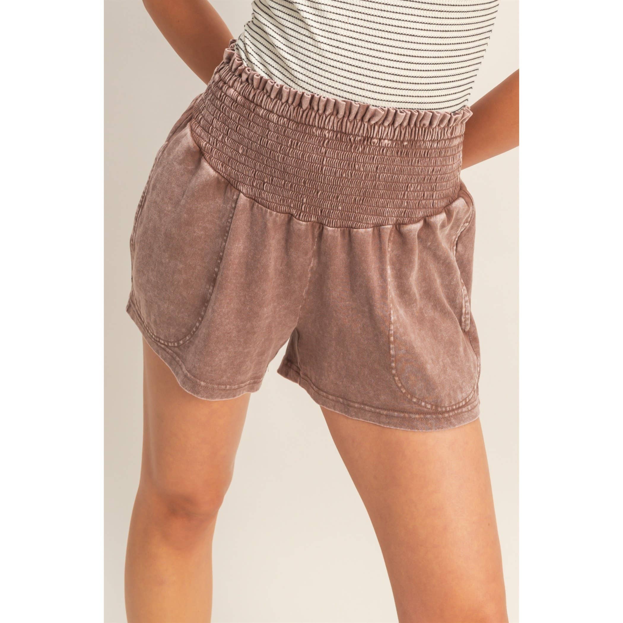 Smocked Waist Mineral Wash Shorts: FUCHSIA / S-M-L(2-2-2)