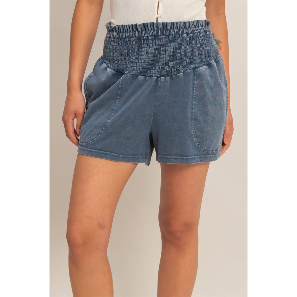 Smocked Waist Mineral Wash Shorts: FUCHSIA / S-M-L(2-2-2)