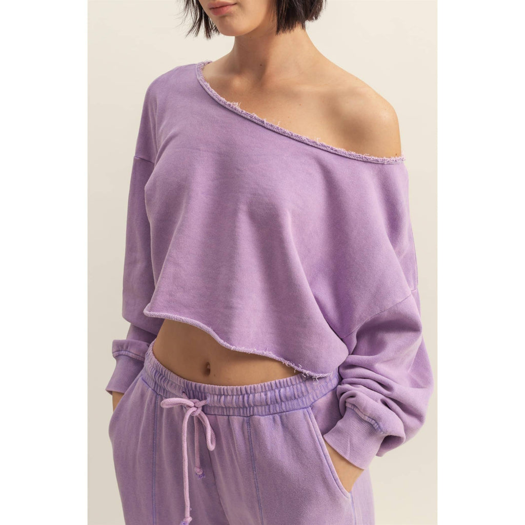 Frayed Detail Long Sleeve Crop Top: SAGE GREEN / S-M-L(2-2-2)