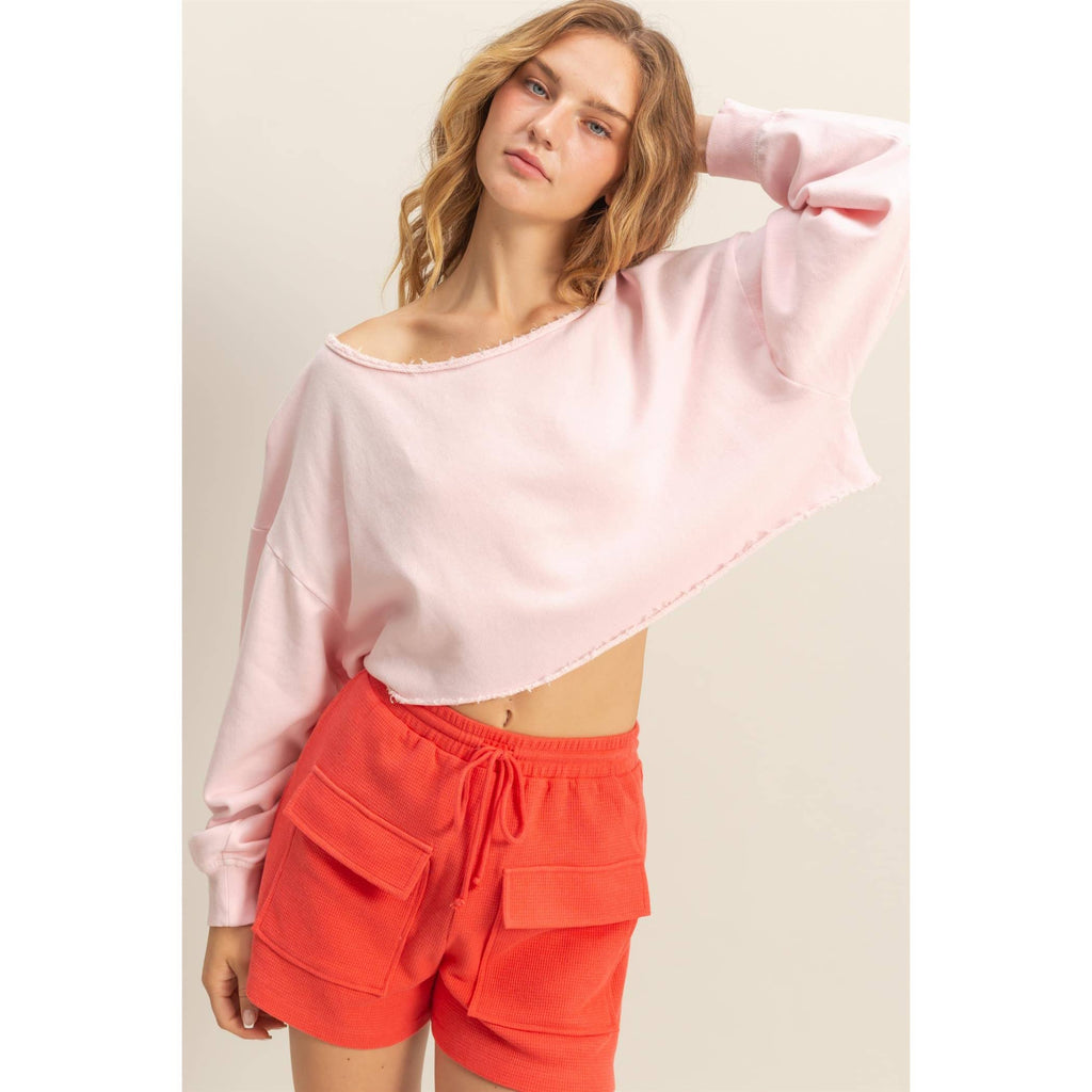 Frayed Detail Long Sleeve Crop Top: SAGE GREEN / S-M-L(2-2-2)