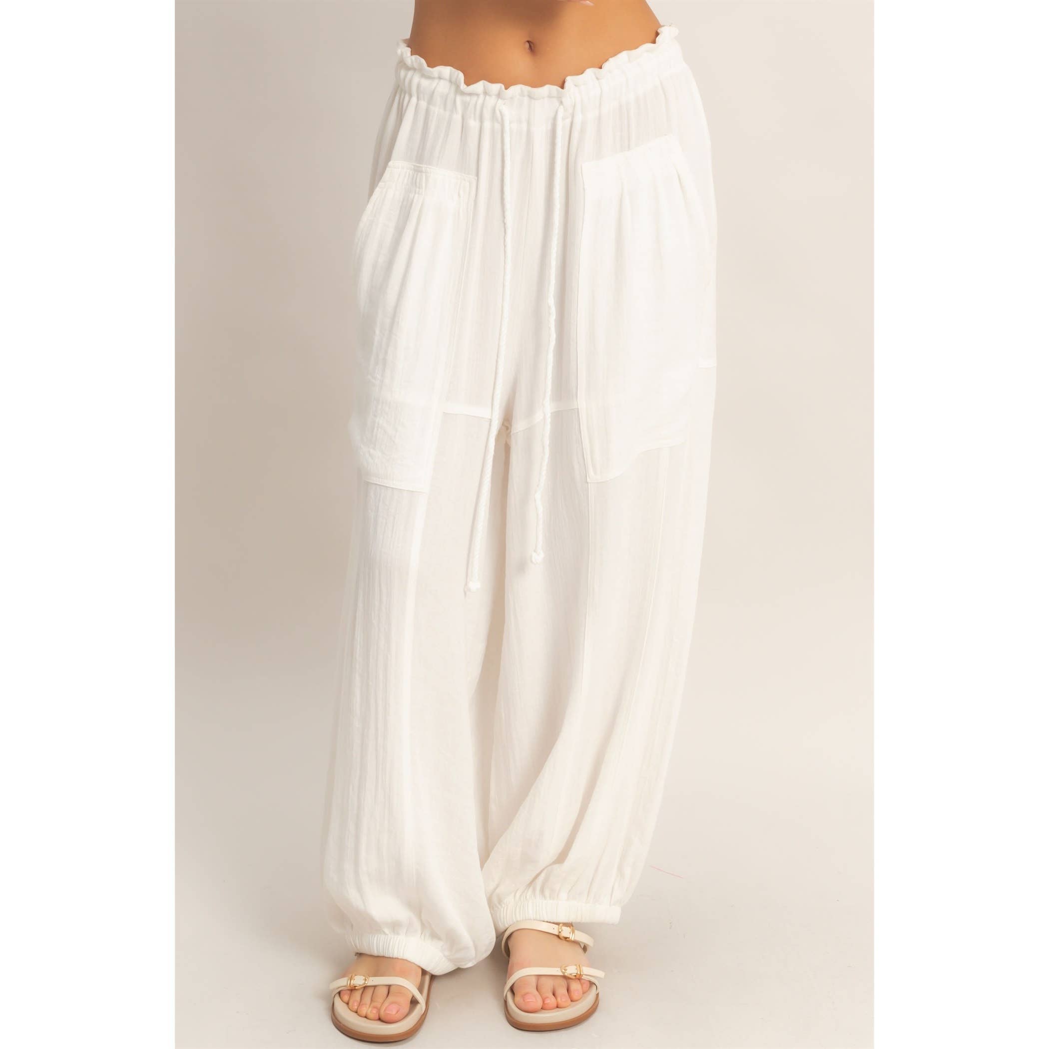 Elastic Hem Drawstring Pants: DUSTY SAGE / S-M-L(2-2-2)