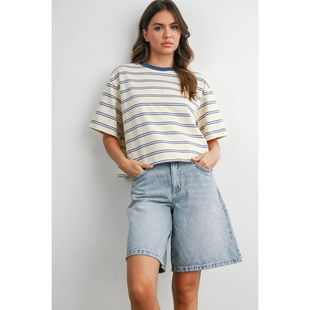 Striped Boxy Cropped T-Shirt - BMT8347: GREEN / PINK / S