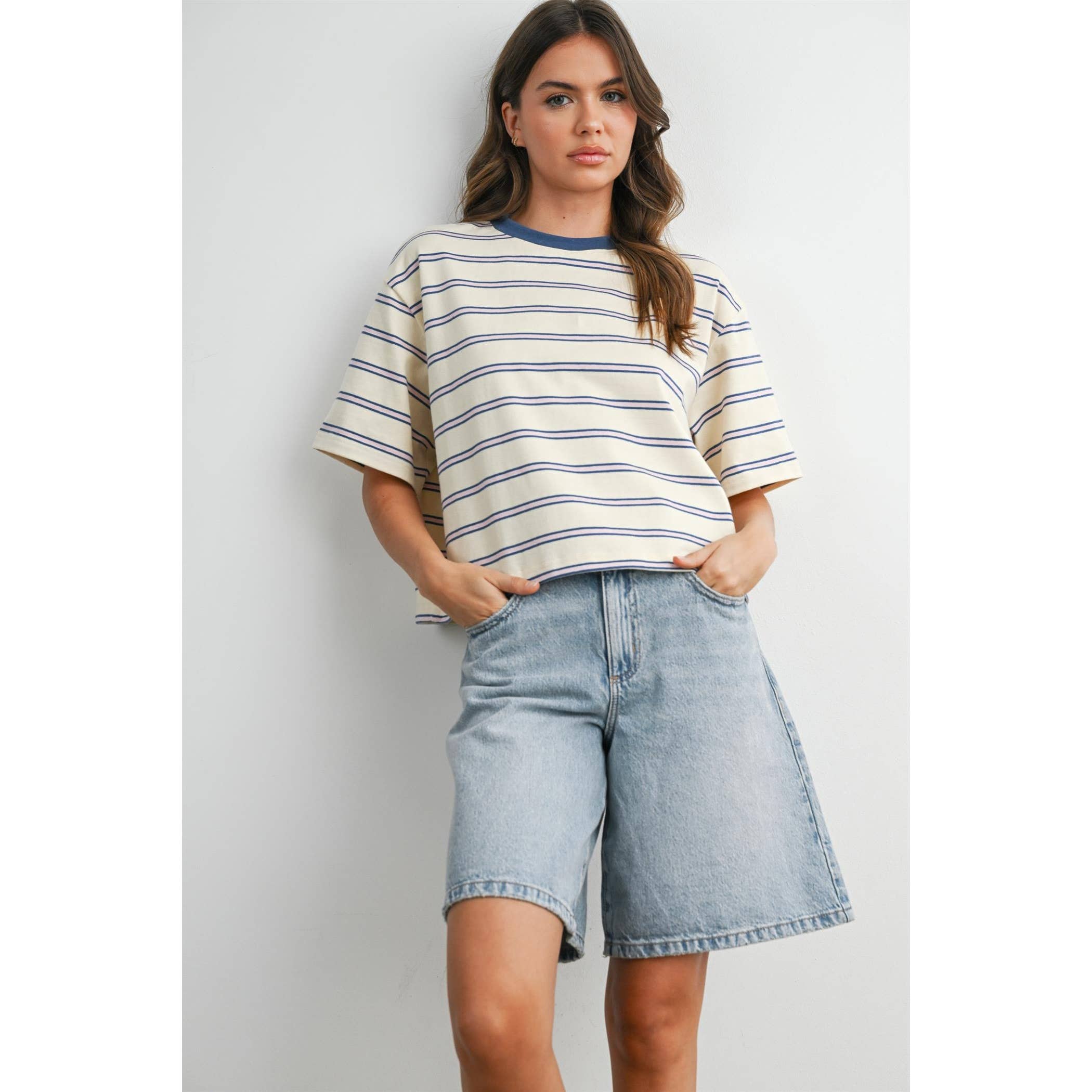 Striped Boxy Cropped T-Shirt - BMT8347: GREEN / PINK / S