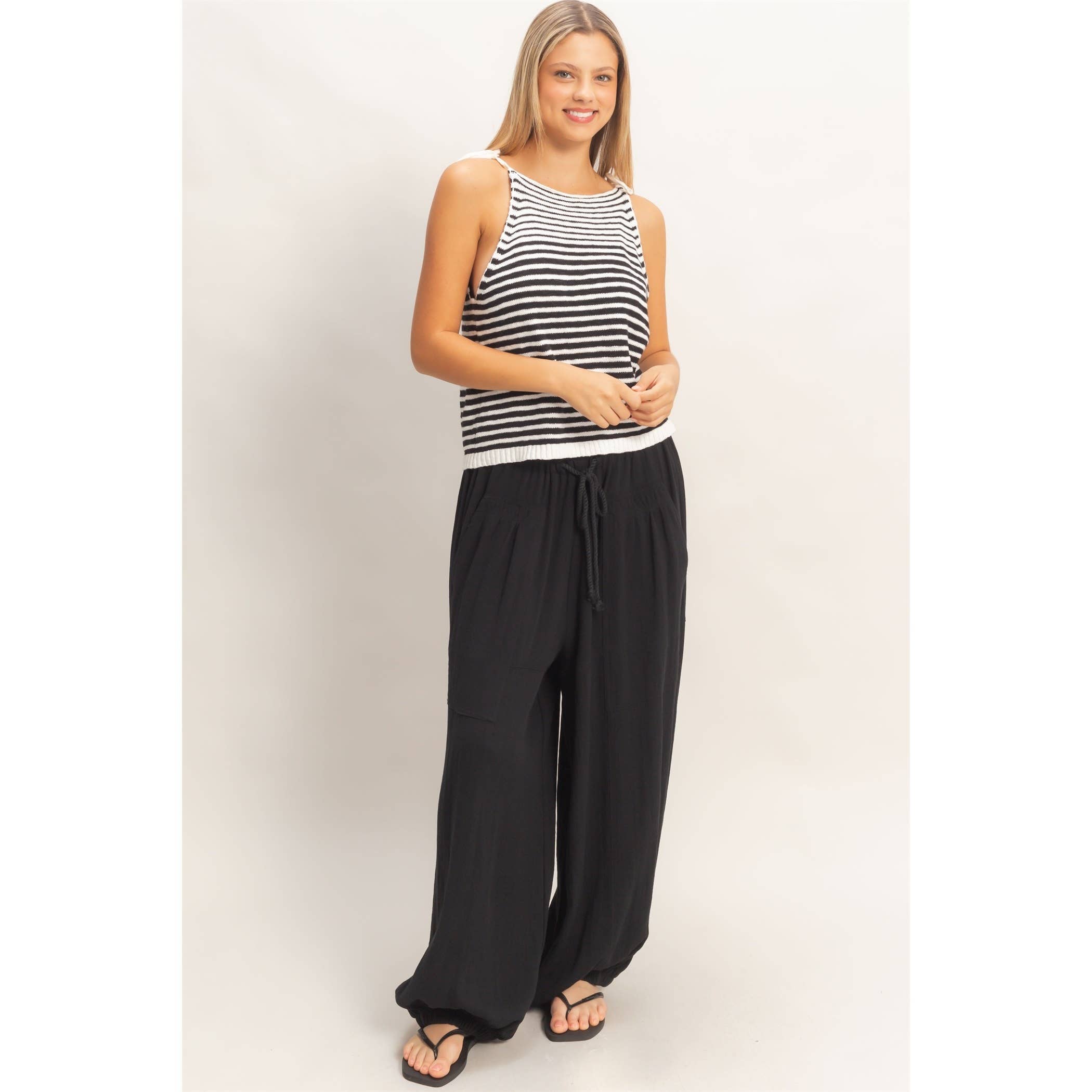 Elastic Hem Drawstring Pants: DUSTY SAGE / S-M-L(2-2-2)