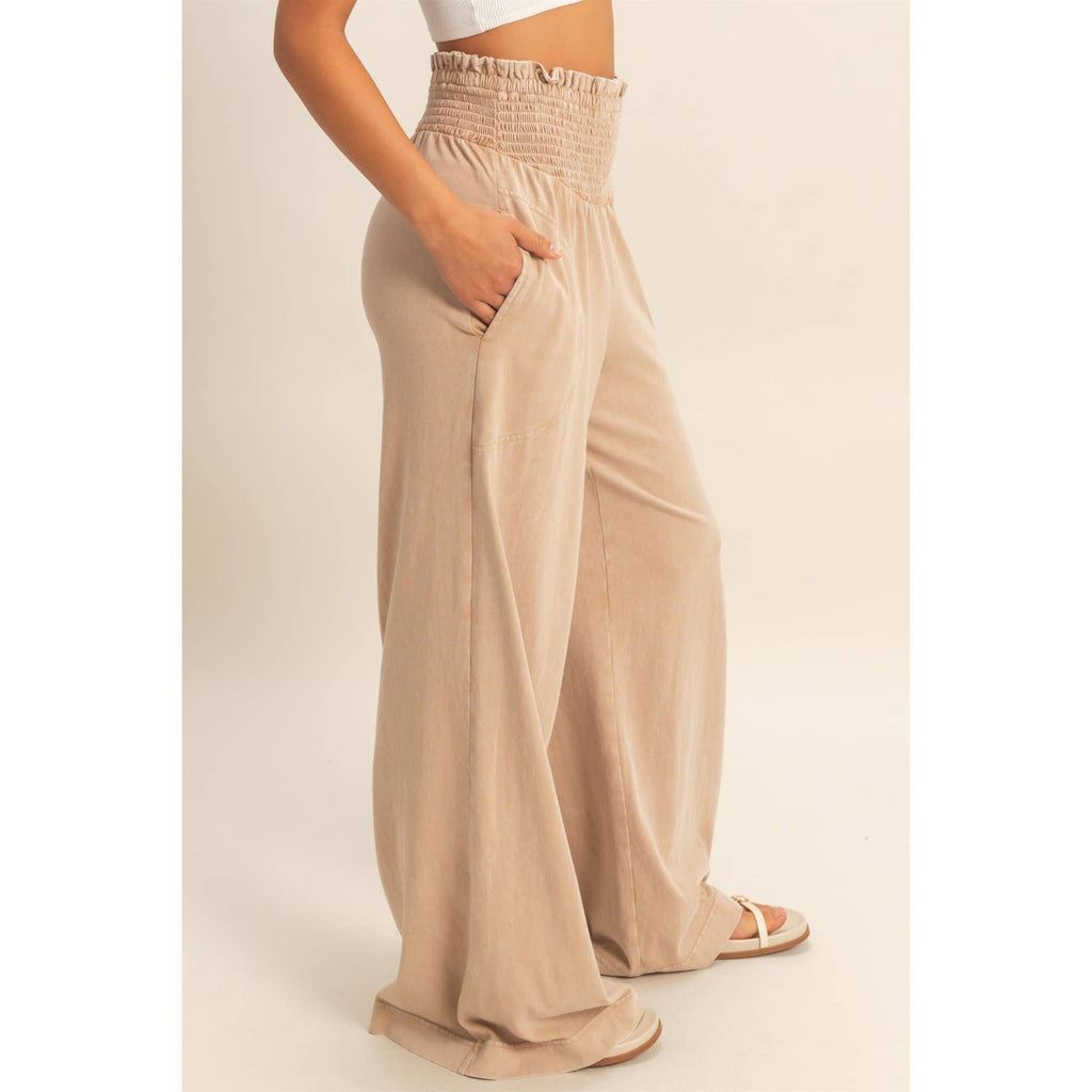 Mineral Washed Wide-Leg Smocked Waist Pants: SOFT PINK / S-M-L(2-2-2)