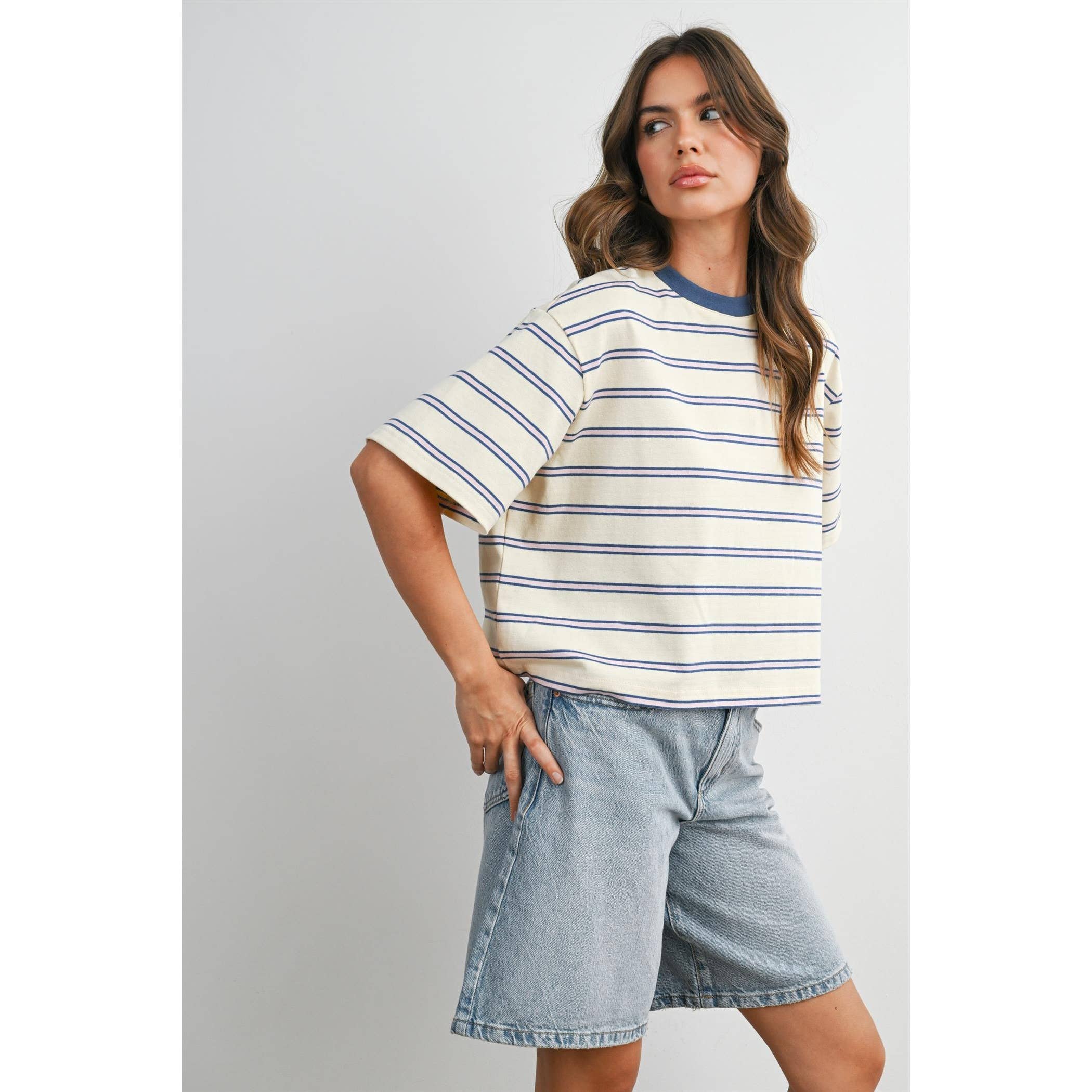 Striped Boxy Cropped T-Shirt - BMT8347: GREEN / PINK / L