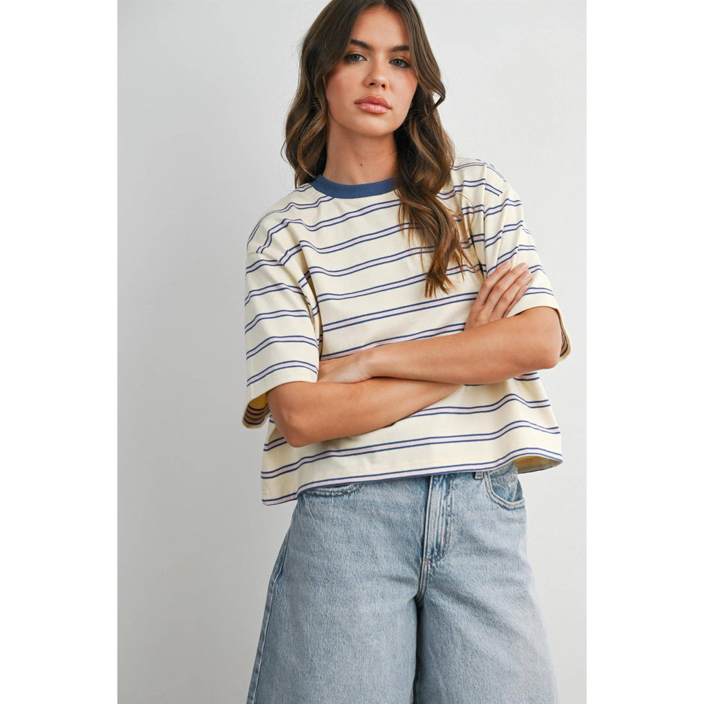 Striped Boxy Cropped T-Shirt - BMT8347: GREEN / PINK / L