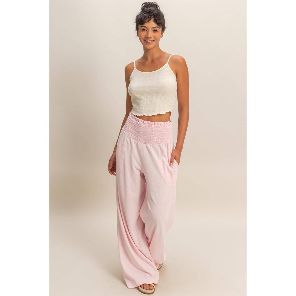 Mineral Washed Wide-Leg Smocked Waist Pants: SOFT PINK / S-M-L(2-2-2)