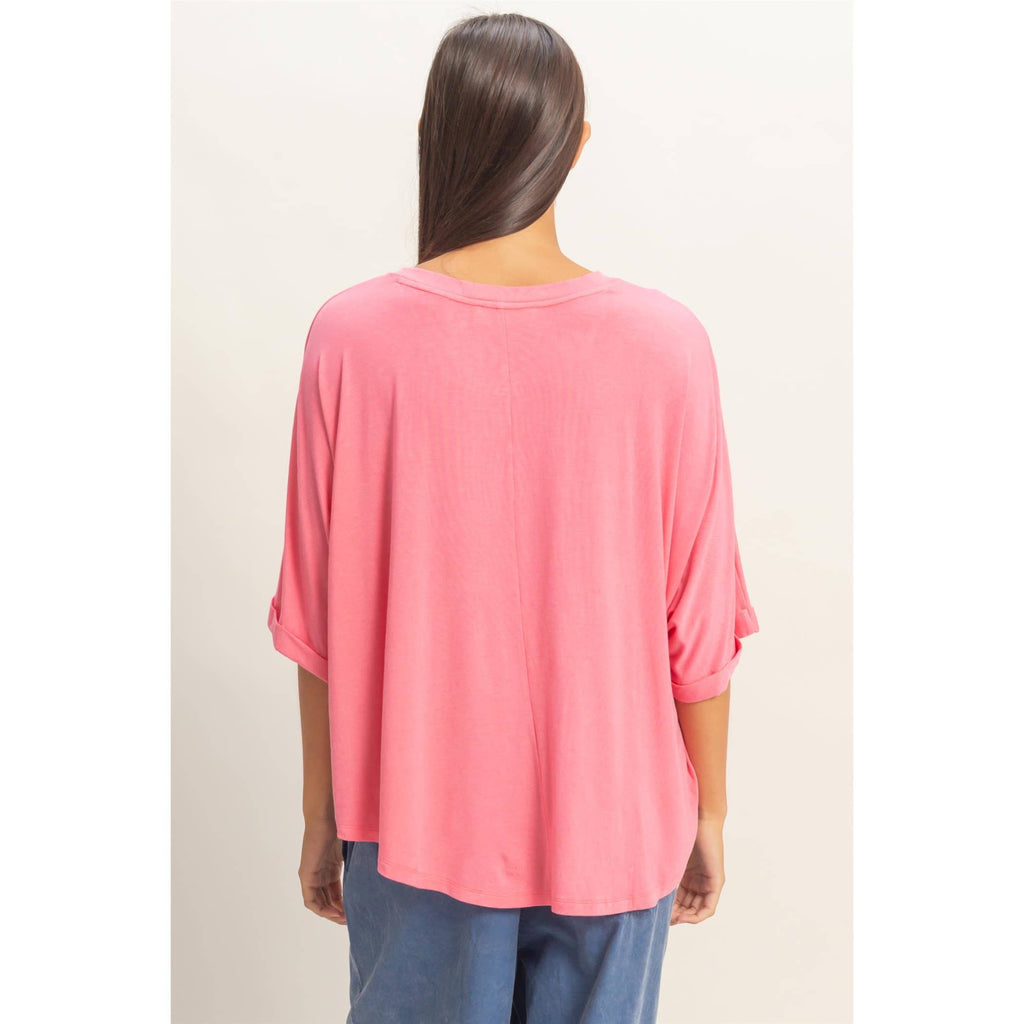 Relaxed High-Low Batwing Sleeve Top: BLUE / S-M-L(2-2-2)