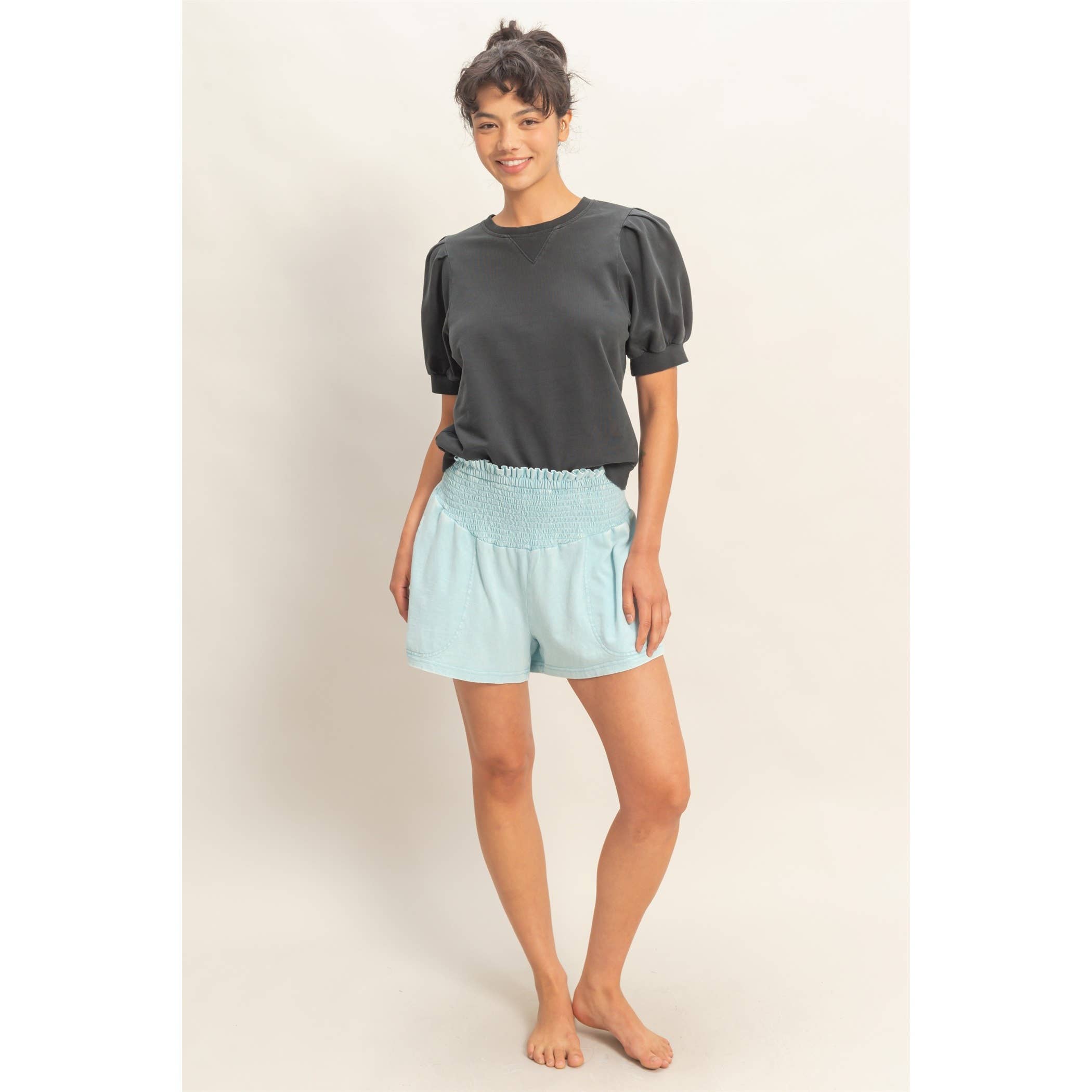 Smocked Waist Mineral Wash Shorts: FUCHSIA / S-M-L(2-2-2)
