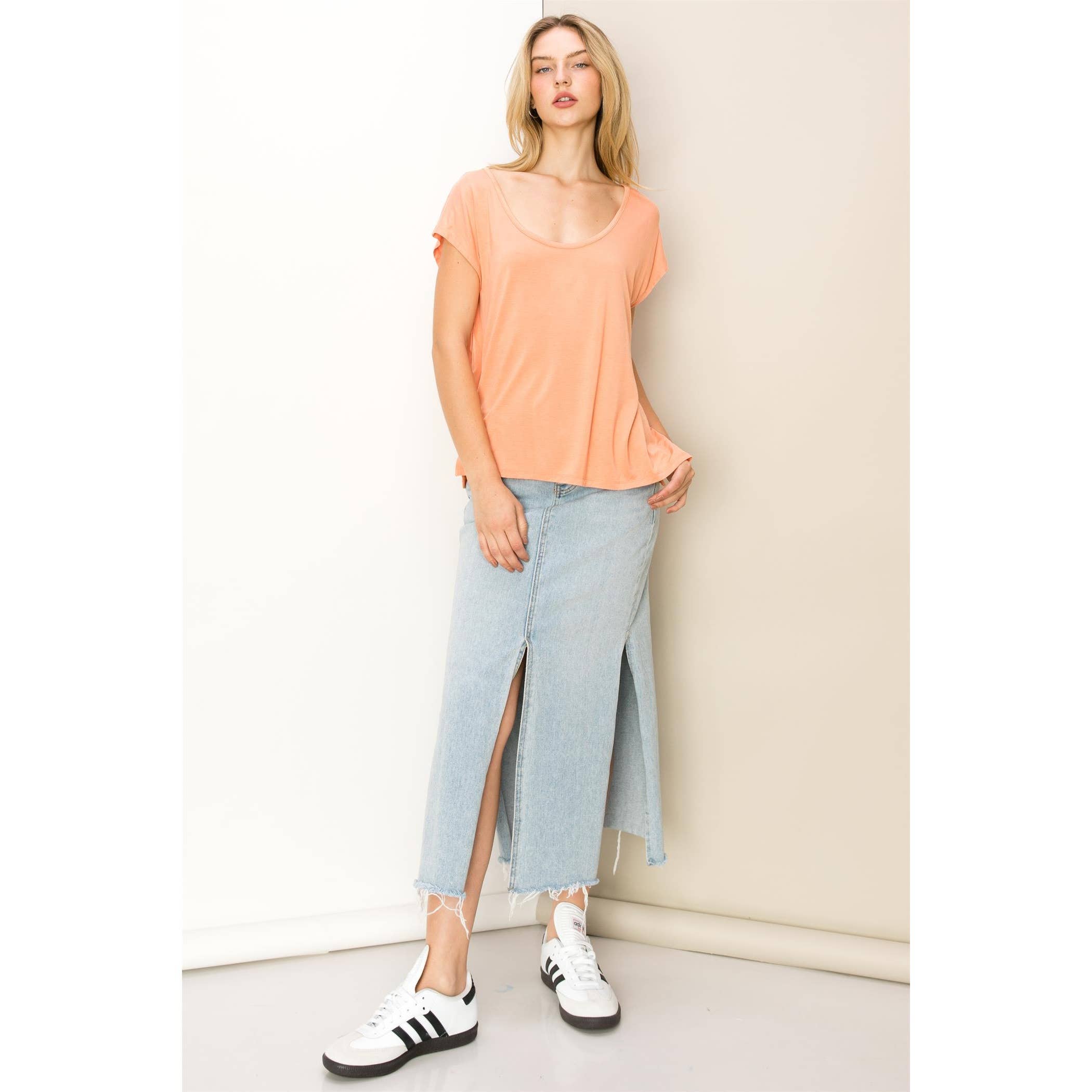 Scoop Neck Short Sleeves Top: PALE OLIVE / S-M-L(2-2-2)