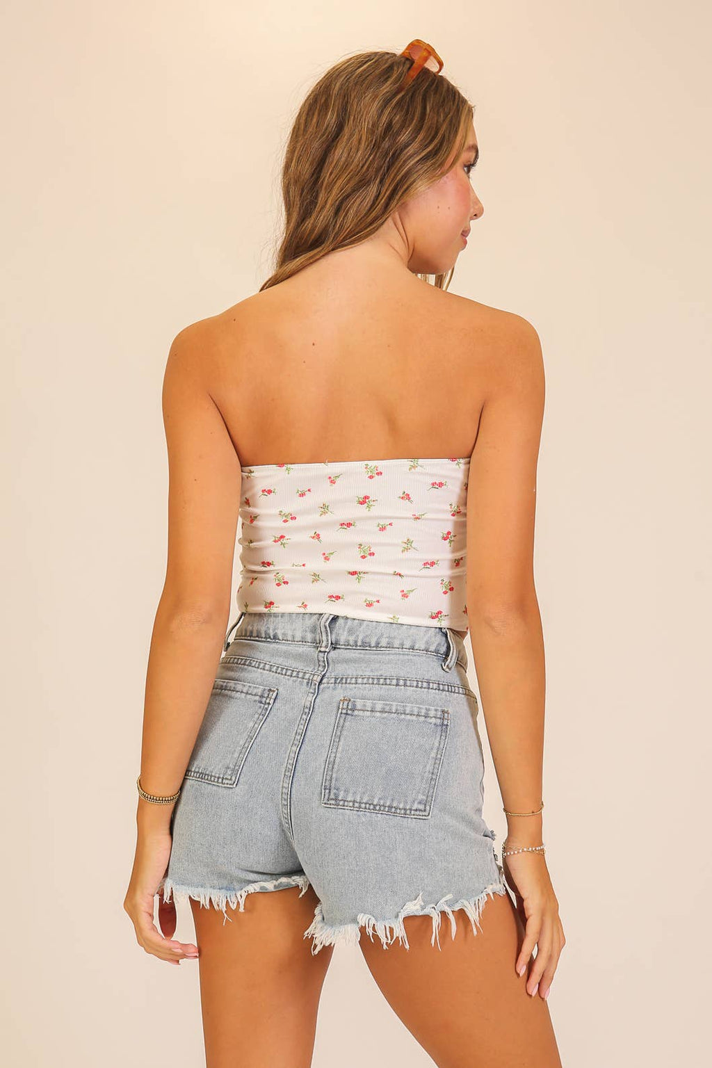 Floral Ribbed Handkerchief Tube Top: Sage / M