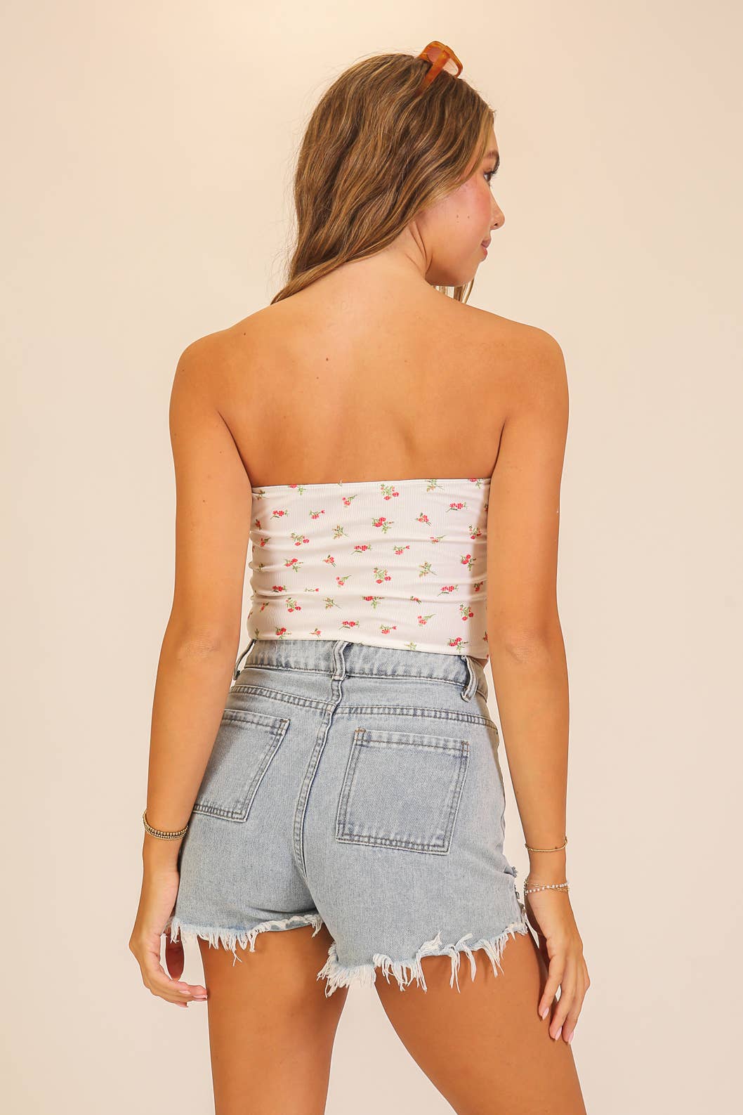 Floral Ribbed Handkerchief Tube Top: Sage / M