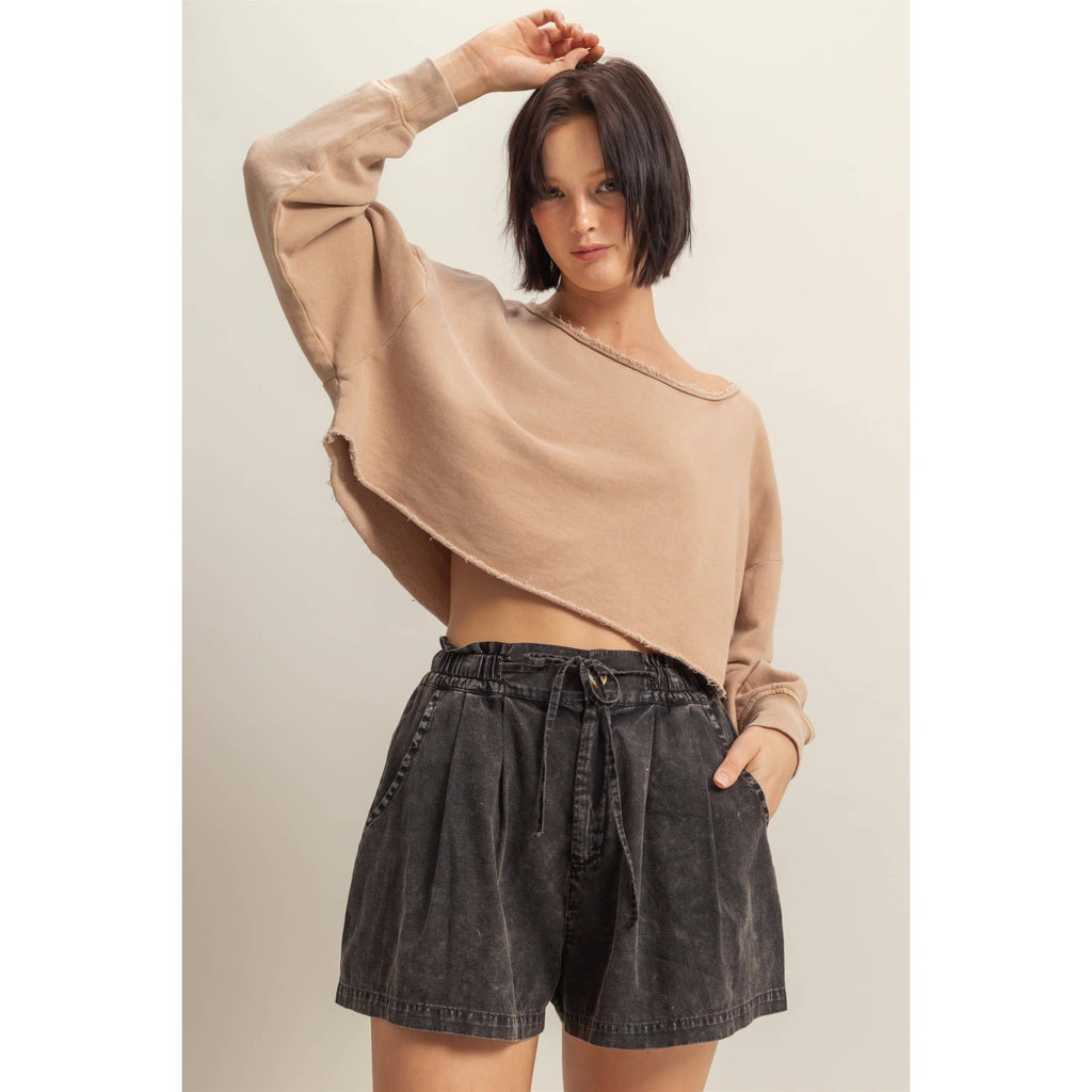 Frayed Detail Long Sleeve Crop Top: SAGE GREEN / S-M-L(2-2-2)