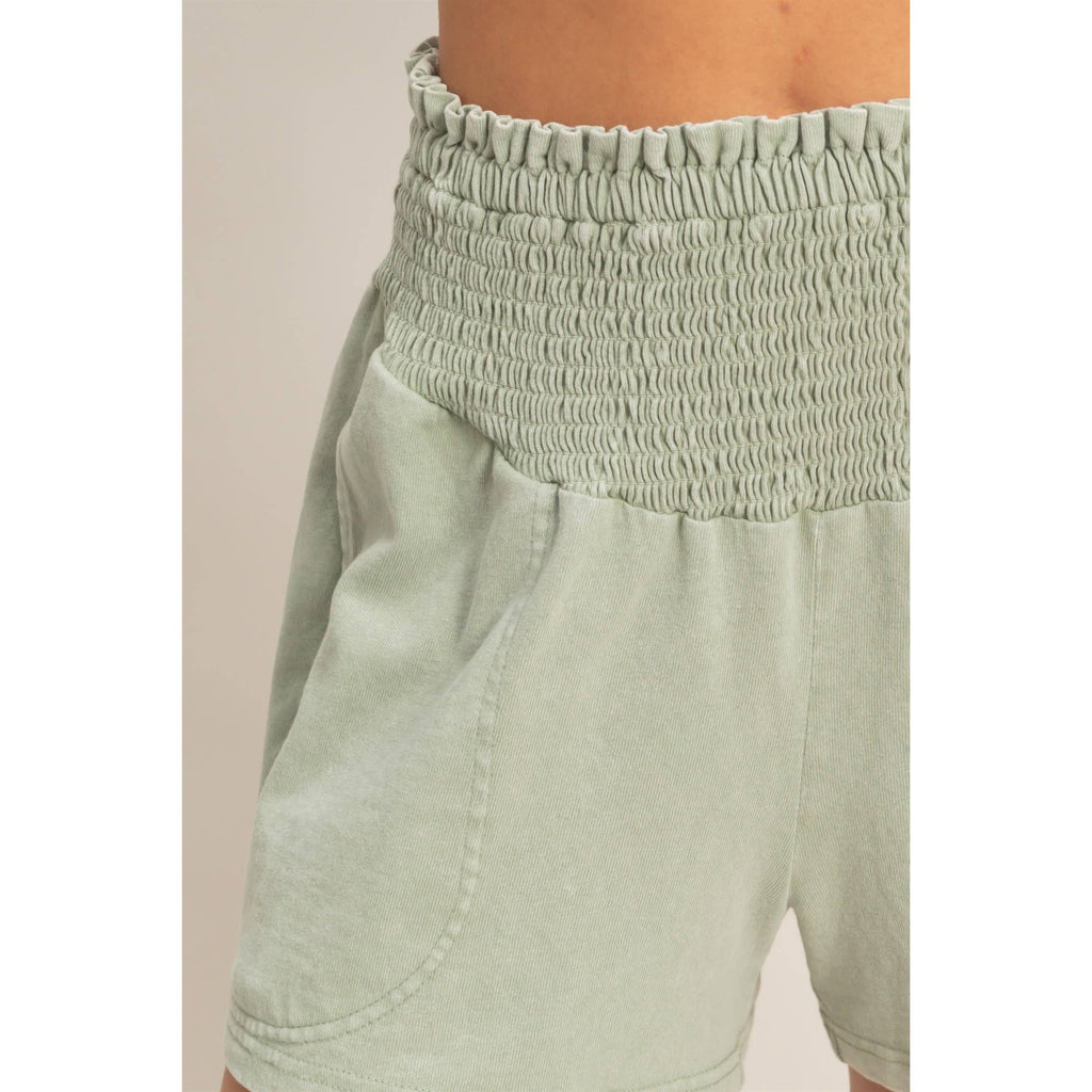 Smocked Waist Mineral Wash Shorts: FUCHSIA / S-M-L(2-2-2)