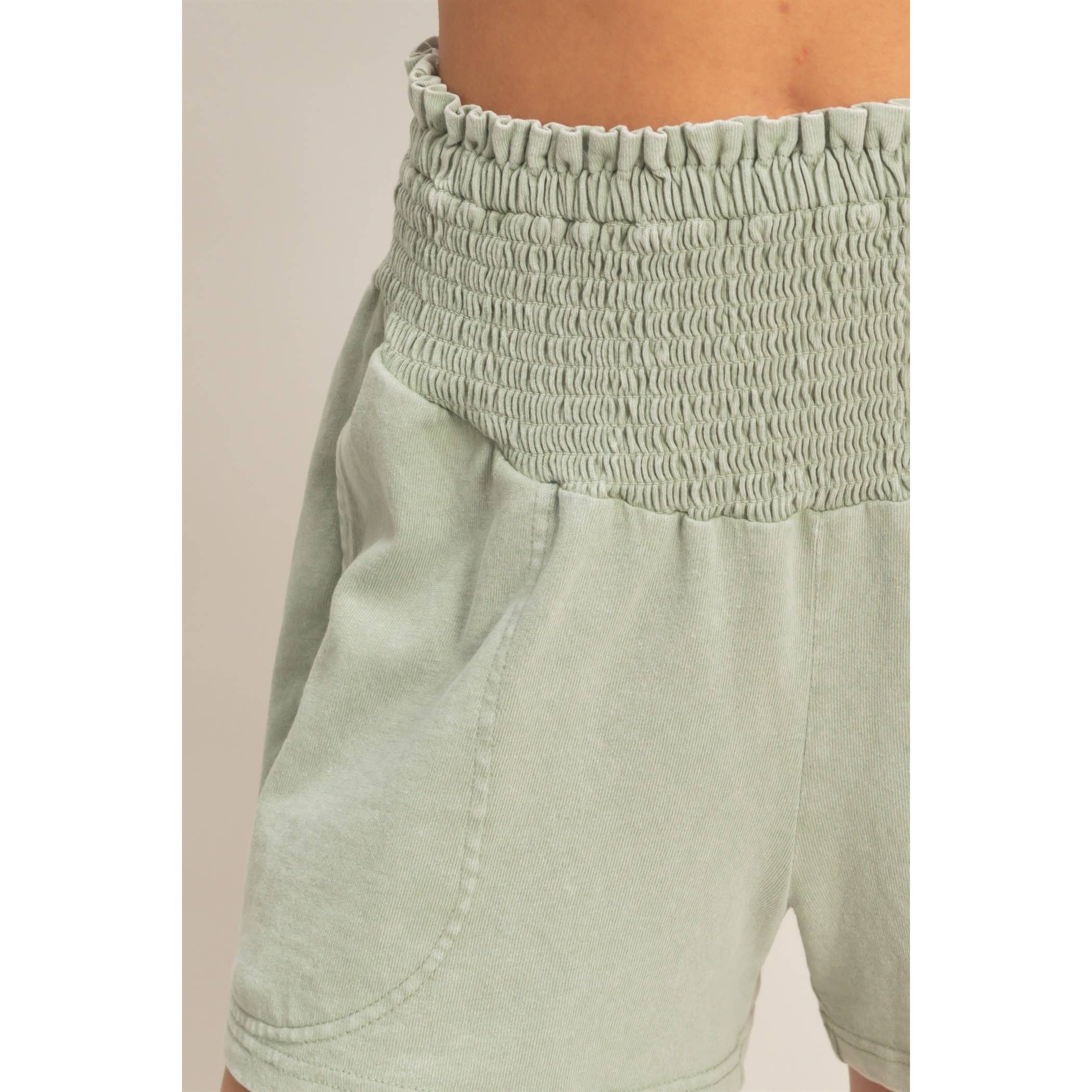 Smocked Waist Mineral Wash Shorts: FUCHSIA / S-M-L(2-2-2)
