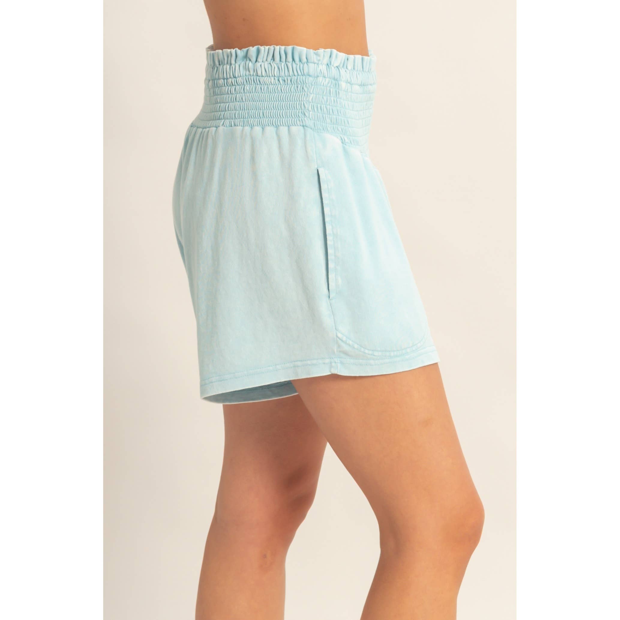 Smocked Waist Mineral Wash Shorts: FUCHSIA / S-M-L(2-2-2)