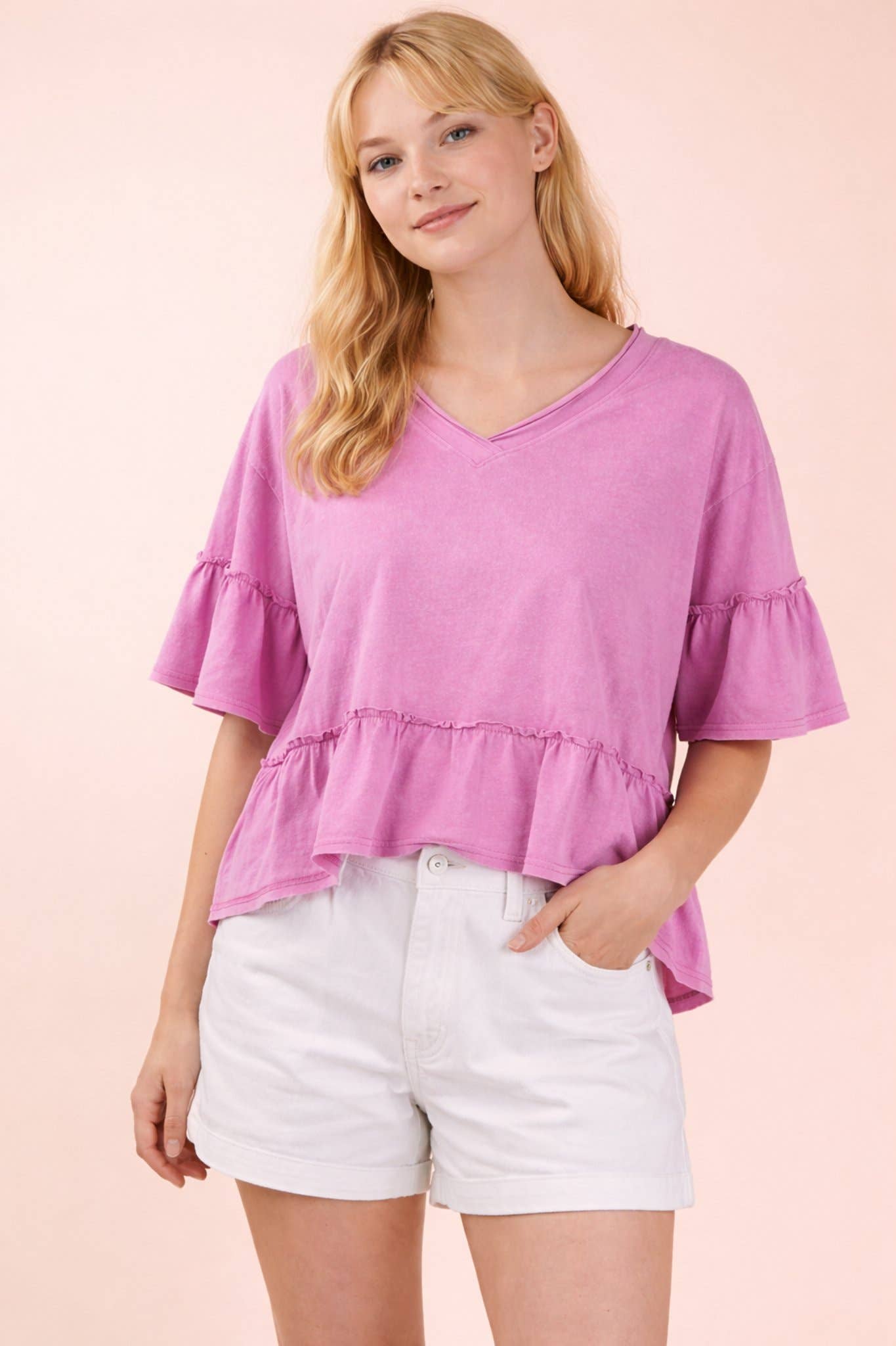 Mineral Washed Ruffle Detail Knit Top: BLUE /