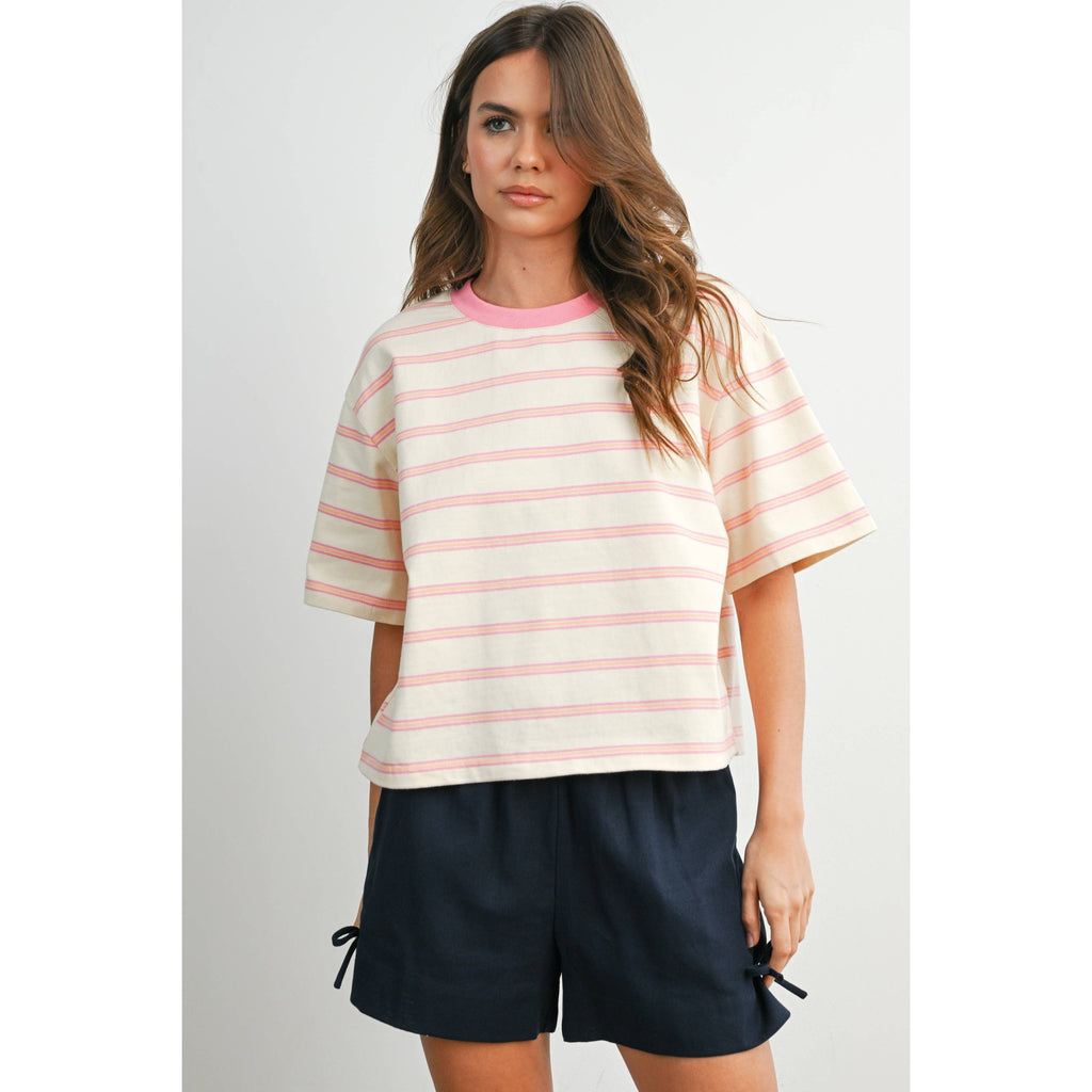 Striped Boxy Cropped T-Shirt - BMT8347: GREEN / PINK / L