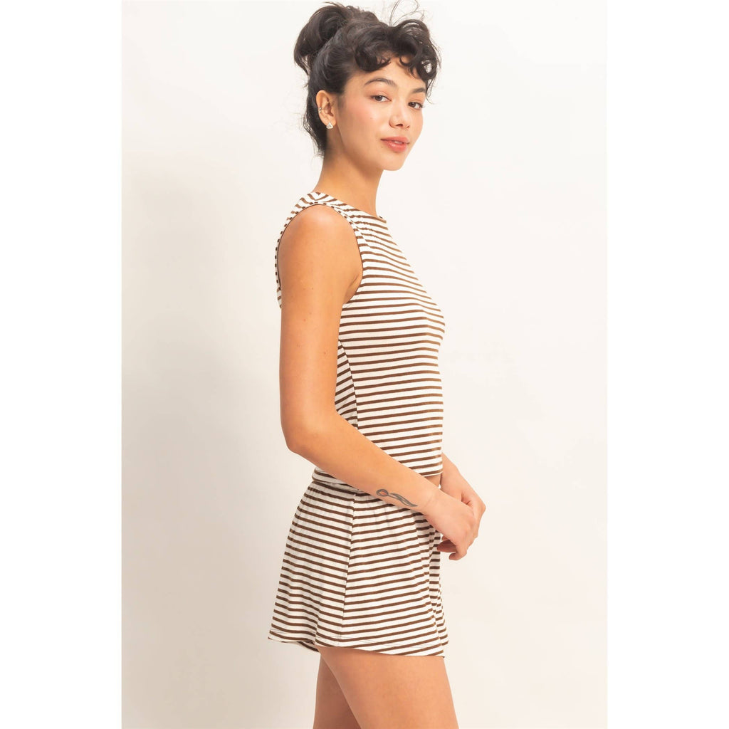 Striped Sleeveless Tank And Shorts Set: BLACK / S-M-L(2-2-2)