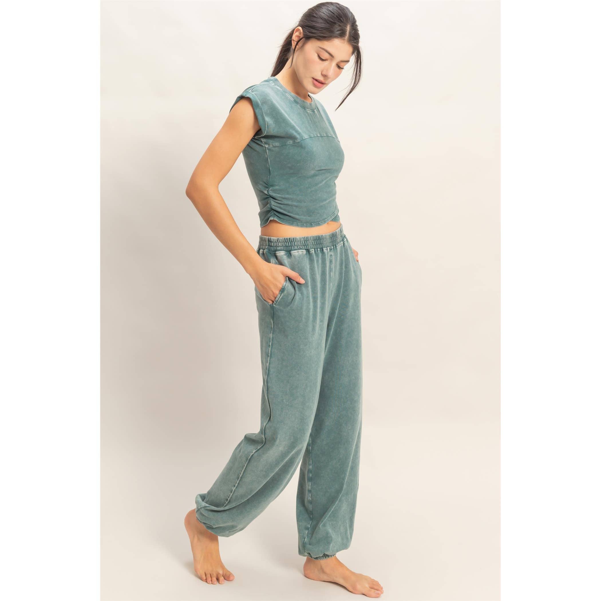 Rolled Sleeve Wrap-Front Crop Top And Jogger Set: SAGE GREEN / S-M-L(2-2-2)