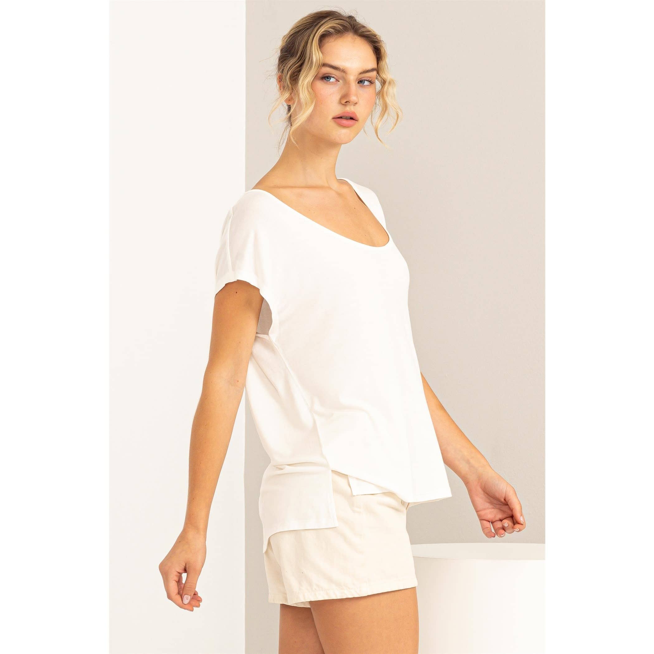 Scoop Neck Short Sleeves Top: PALE OLIVE / S-M-L(2-2-2)
