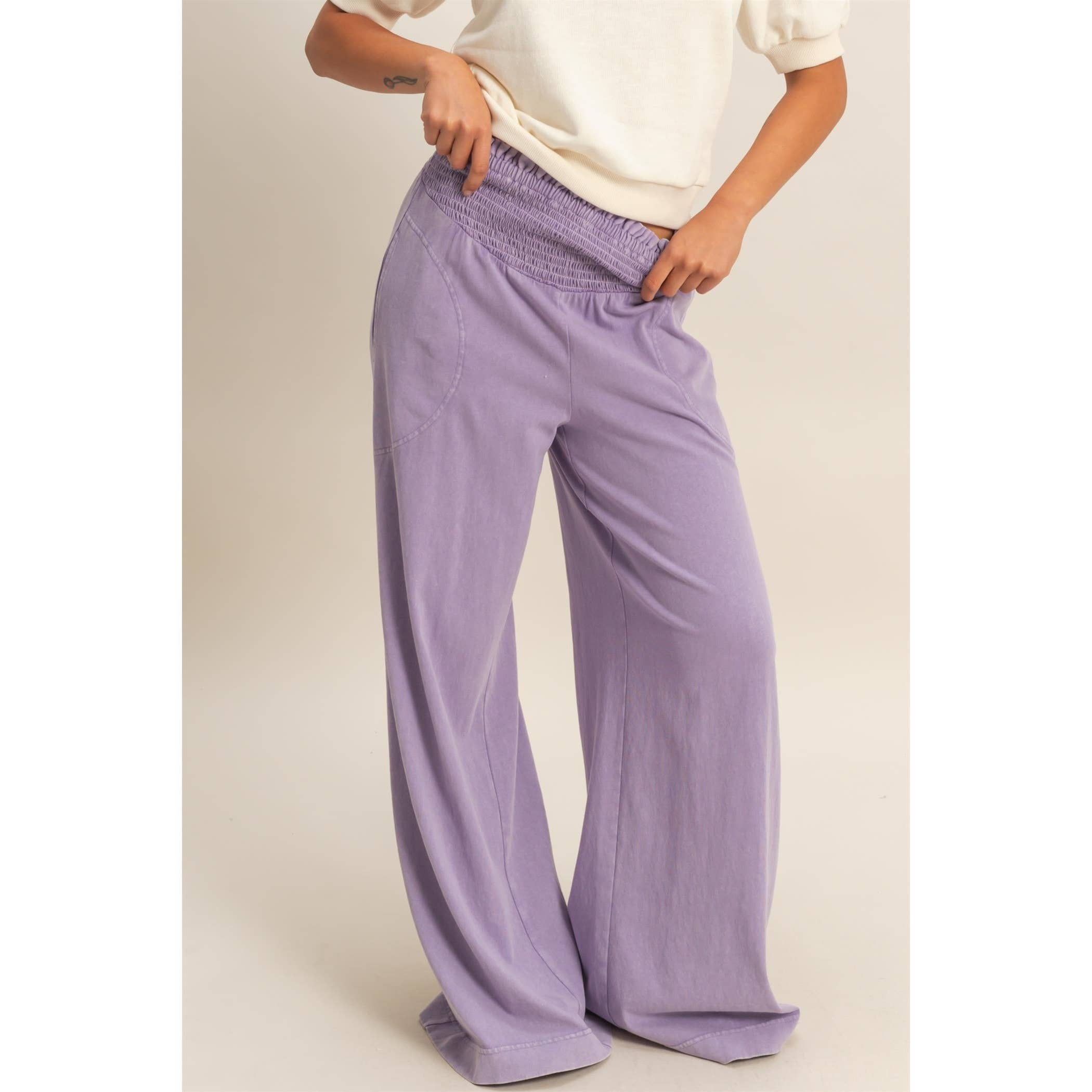 Mineral Washed Wide-Leg Smocked Waist Pants: SOFT PINK / S-M-L(2-2-2)