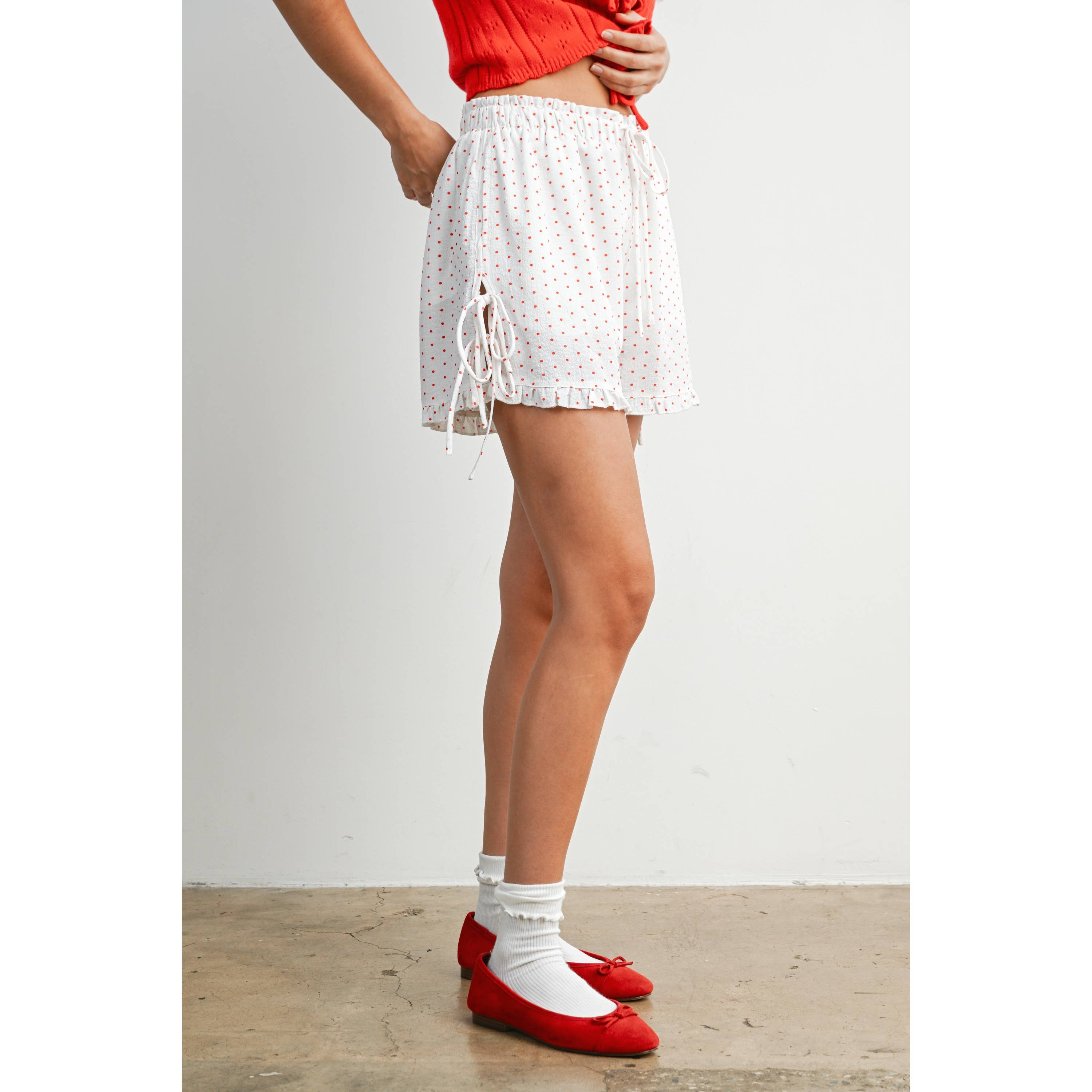 Polka Dot Ruffle Hem Tie-Side Shorts - BMP8189: IVORY / BLACK / L